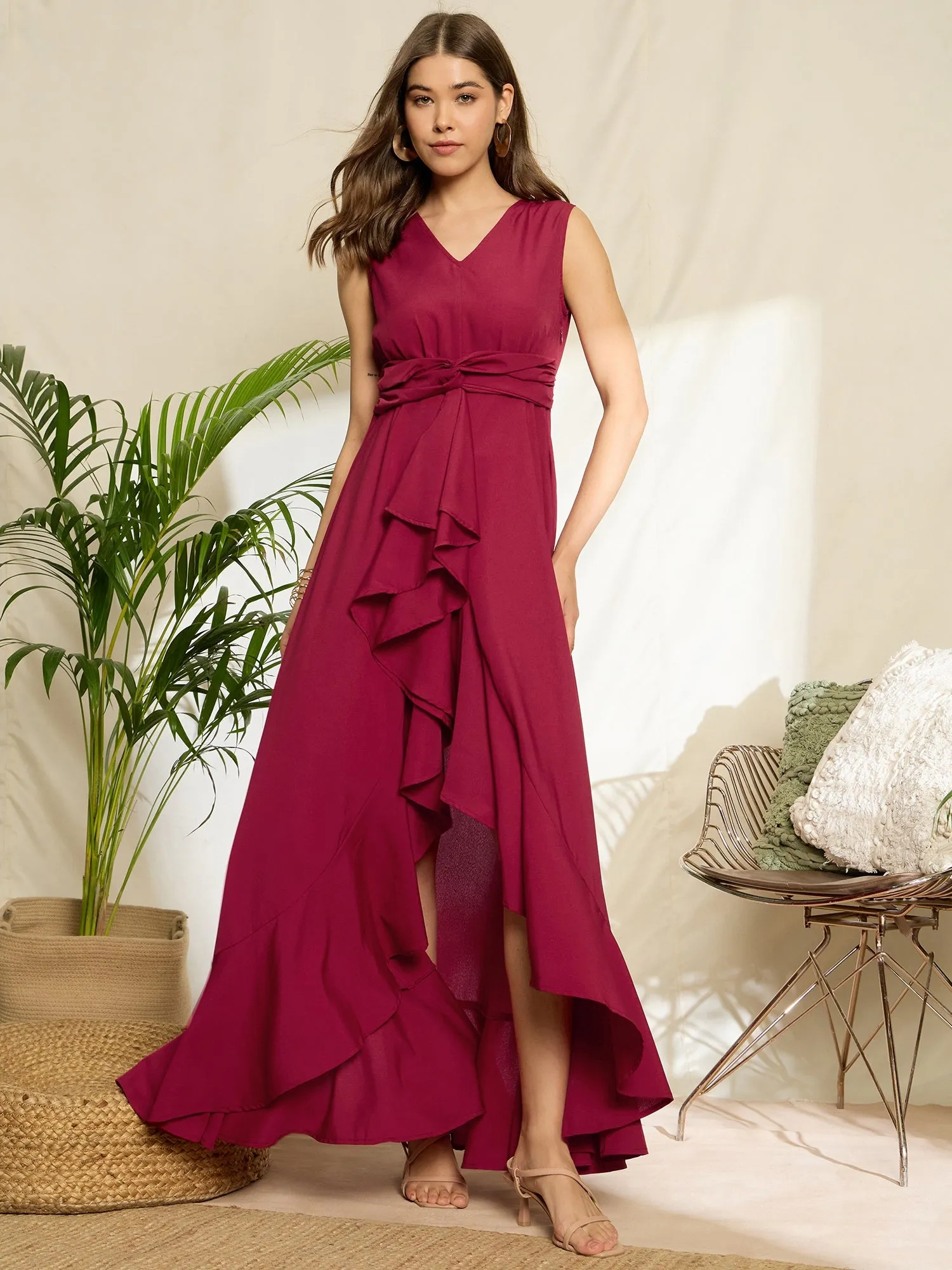 Berrylush Women Solid Red V-Neck Sleeveless High-Low Hem Ruffled A-Line Maxi Dress