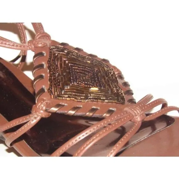 Carlos Santana Brown Strappy Leather Wedge Sandals