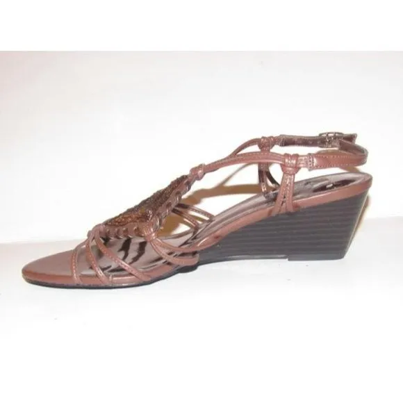 Carlos Santana Brown Strappy Leather Wedge Sandals