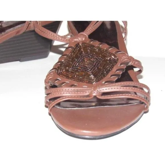 Carlos Santana Brown Strappy Leather Wedge Sandals