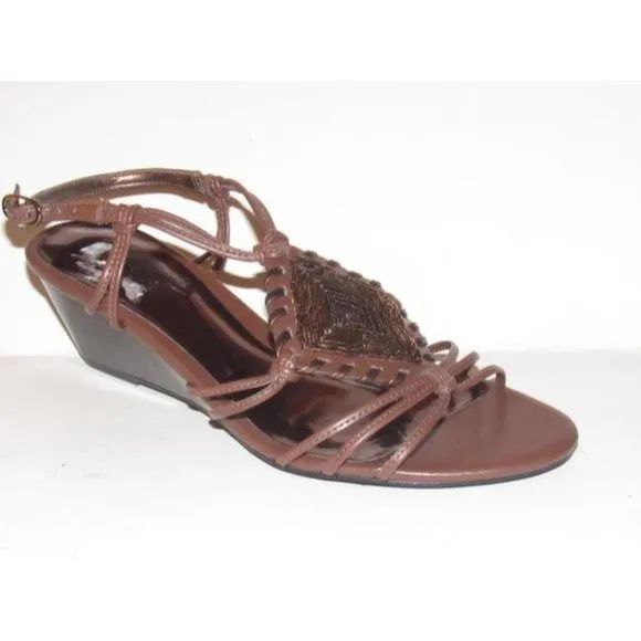 Carlos Santana Brown Strappy Leather Wedge Sandals