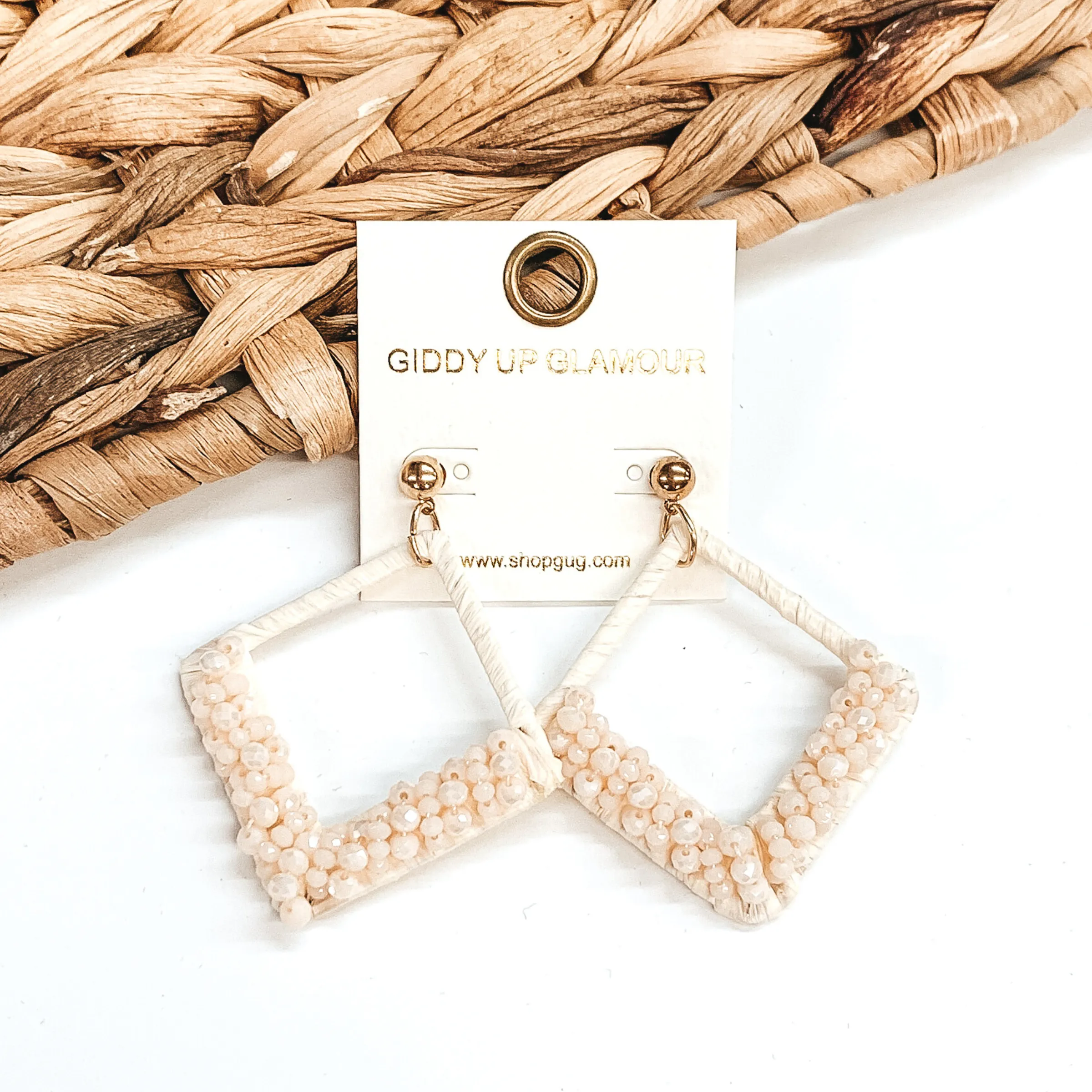 Champagne Secrets Beaded and Raffia Wrapped Diamond Earrings in Ivory