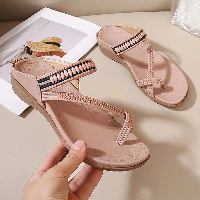 Cuzcare Women Orthopedic Sandals Waterproof Beaded Elegant Bohemian Flip-flops