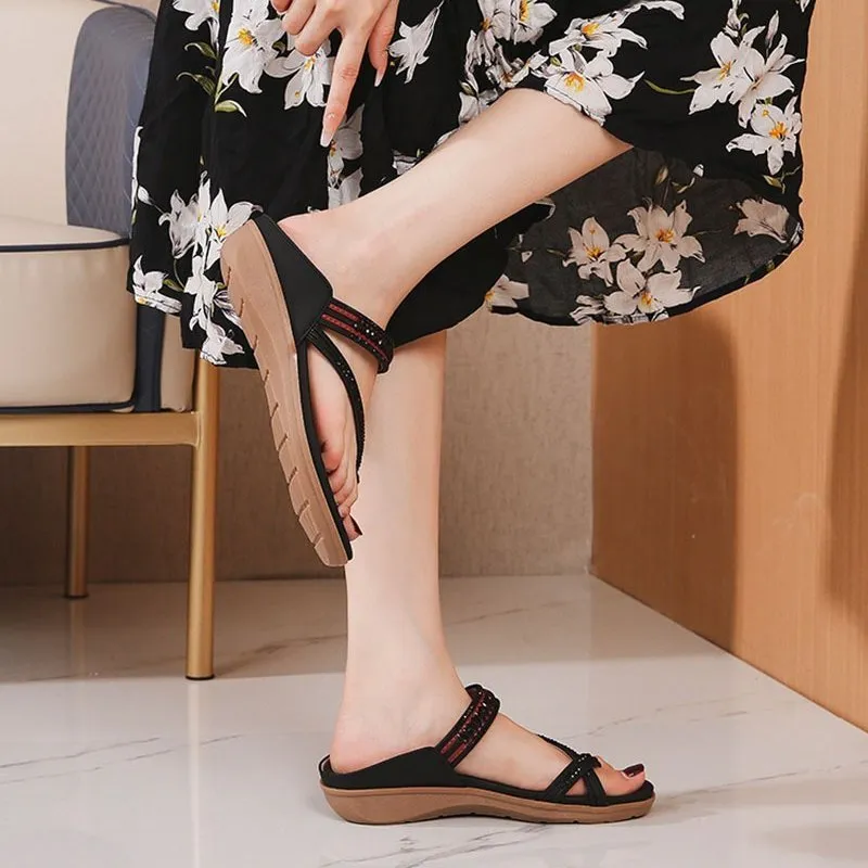 Cuzcare Women Orthopedic Sandals Waterproof Beaded Elegant Bohemian Flip-flops