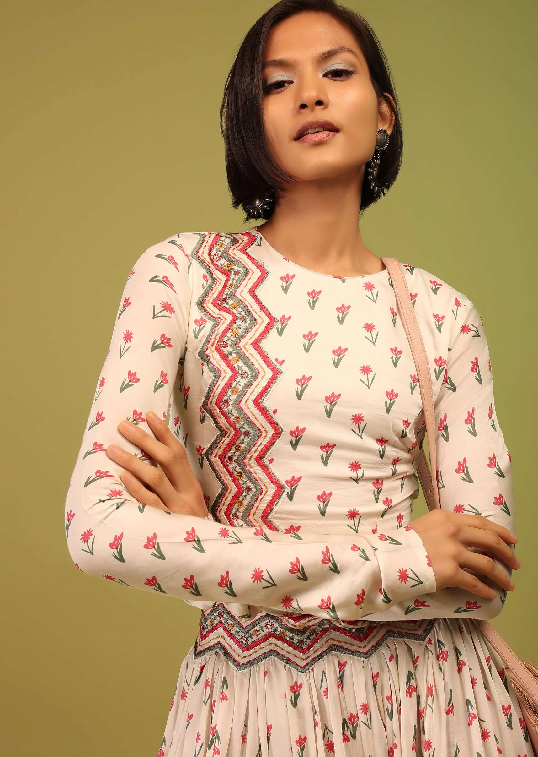 Daisy White Crop Top And Lehenga In Cotton Silk With Floral Print & Embroidery