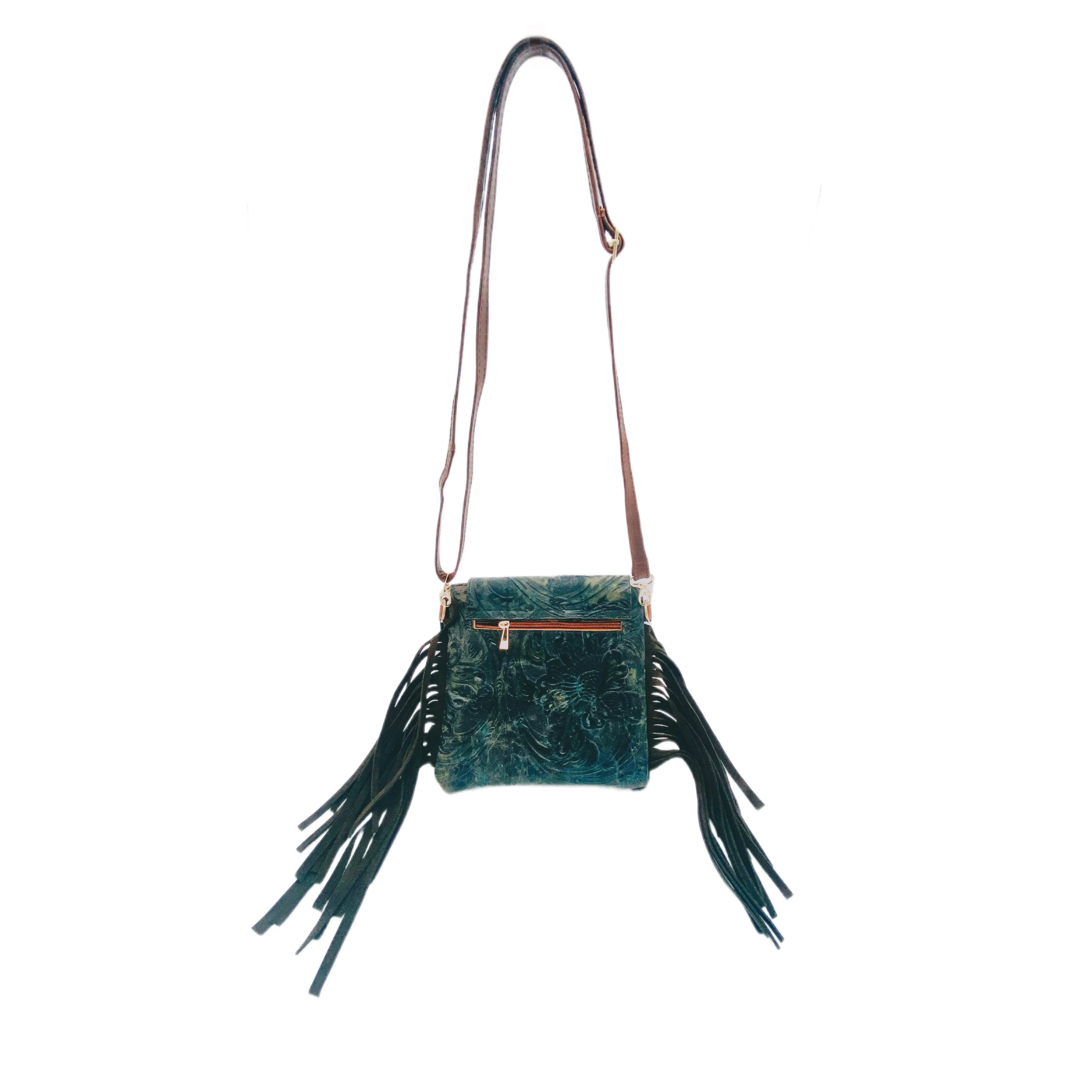 Fleurbleu Mini Floral Tooled Leather Cowhide Fringe Purse