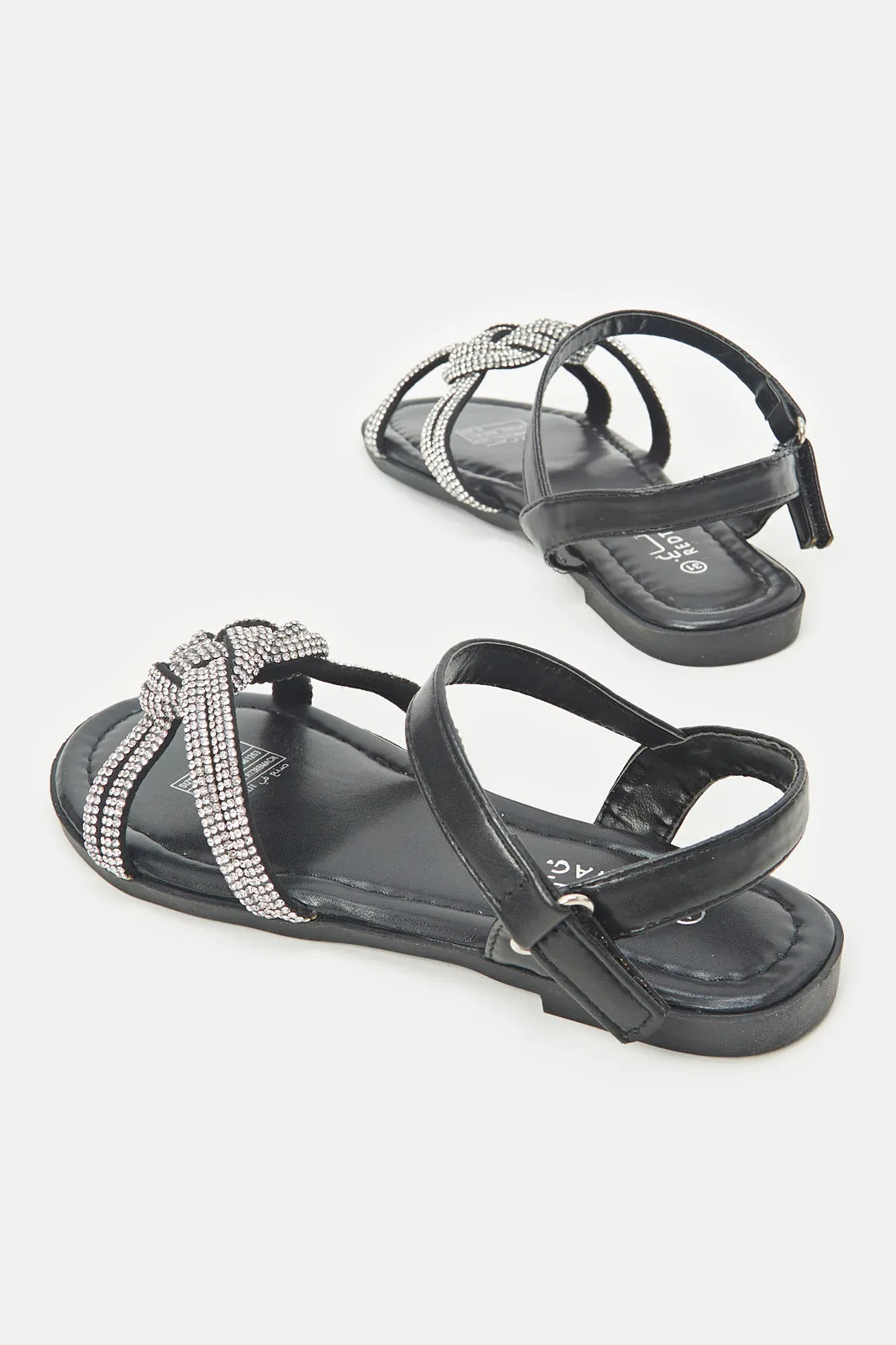 Girls Embellished Black Beaded Bow Sandal