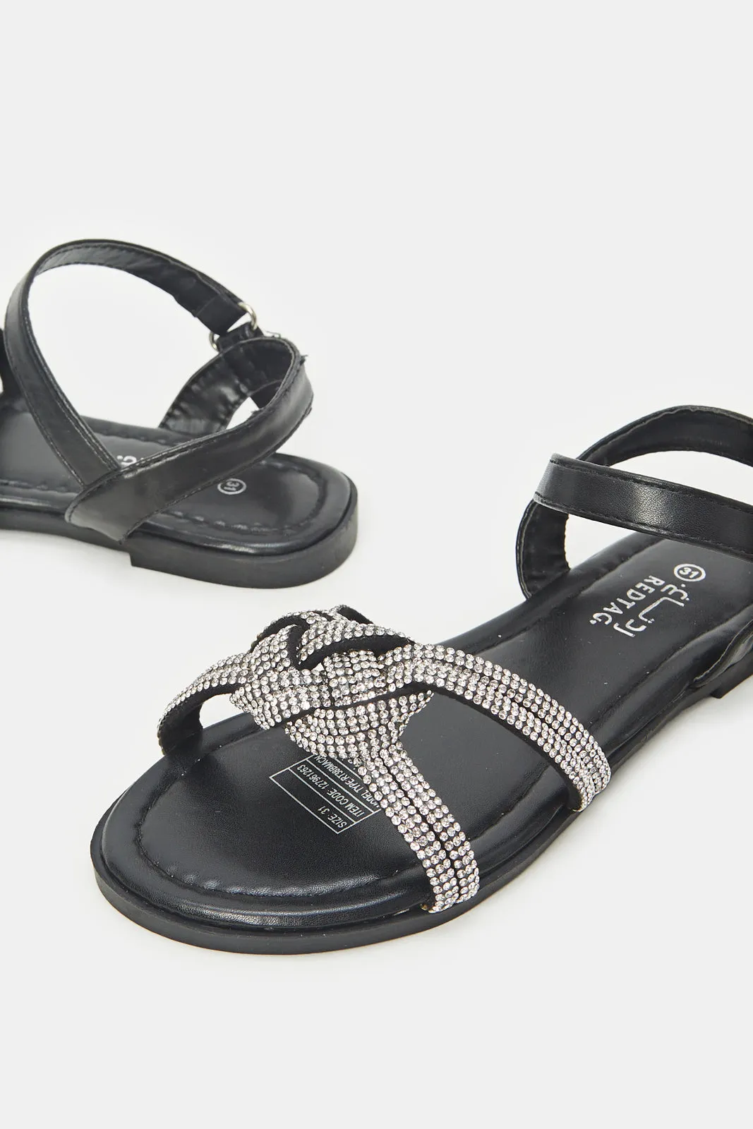 Girls Embellished Black Beaded Bow Sandal