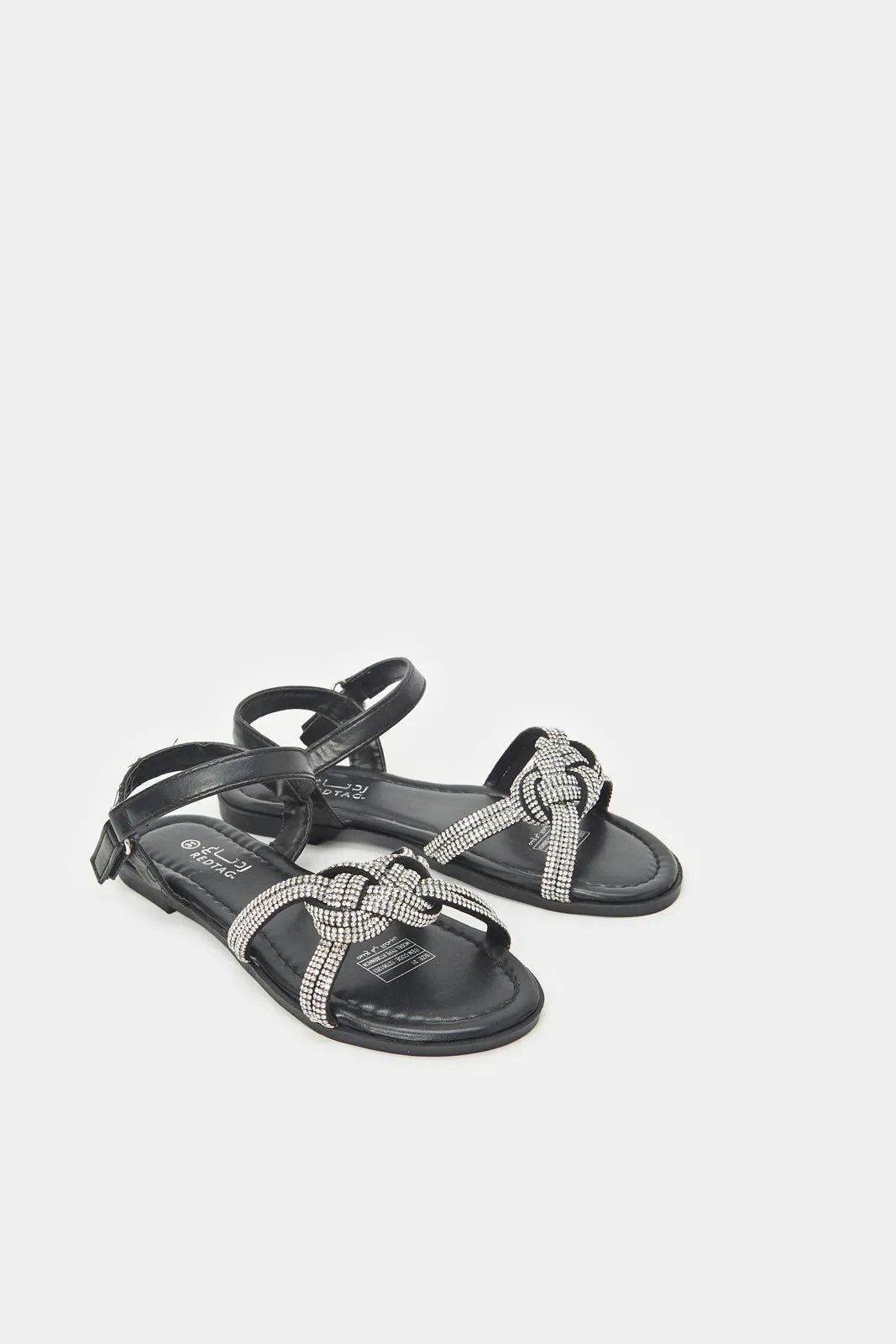 Girls Embellished Black Beaded Bow Sandal