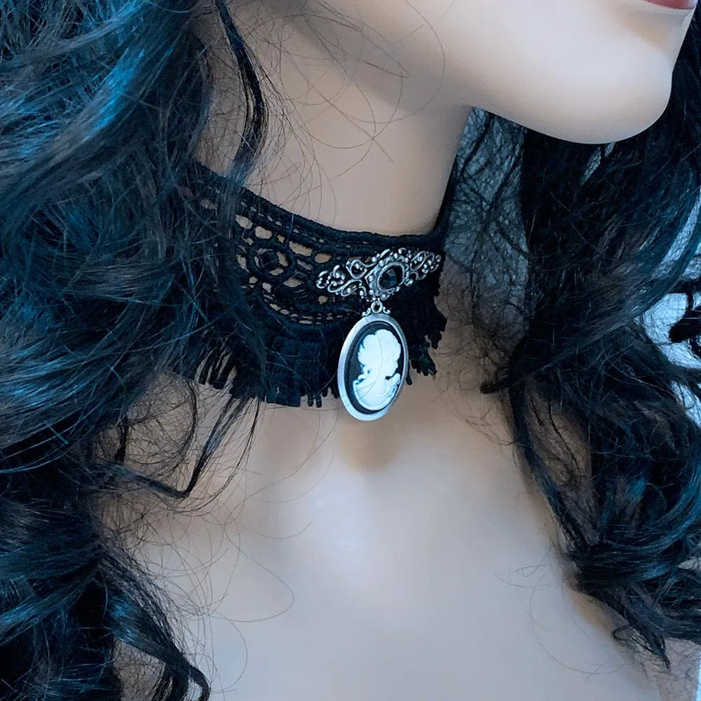 Gothic Victorian Black Fringed Lace Cameo Choker