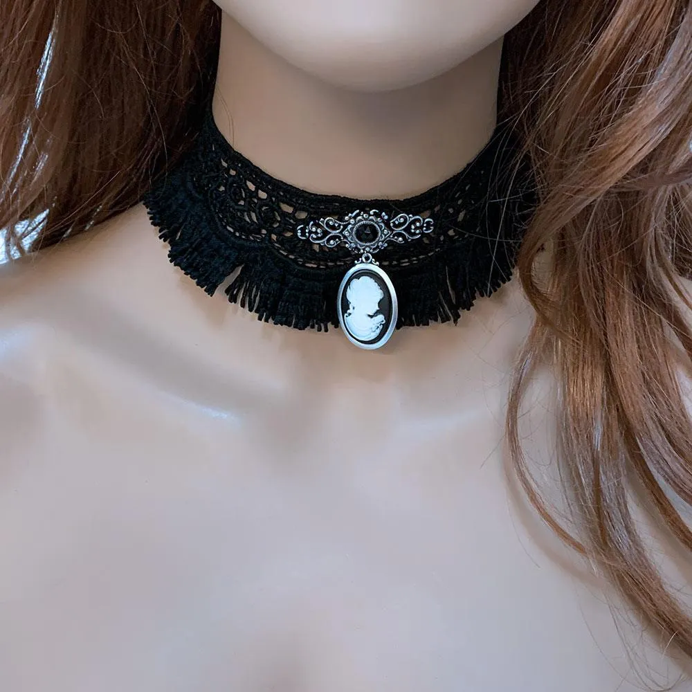 Gothic Victorian Black Fringed Lace Cameo Choker