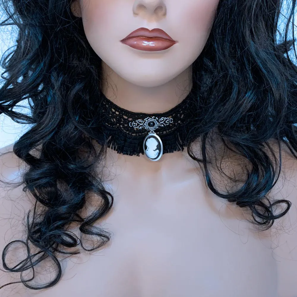 Gothic Victorian Black Fringed Lace Cameo Choker