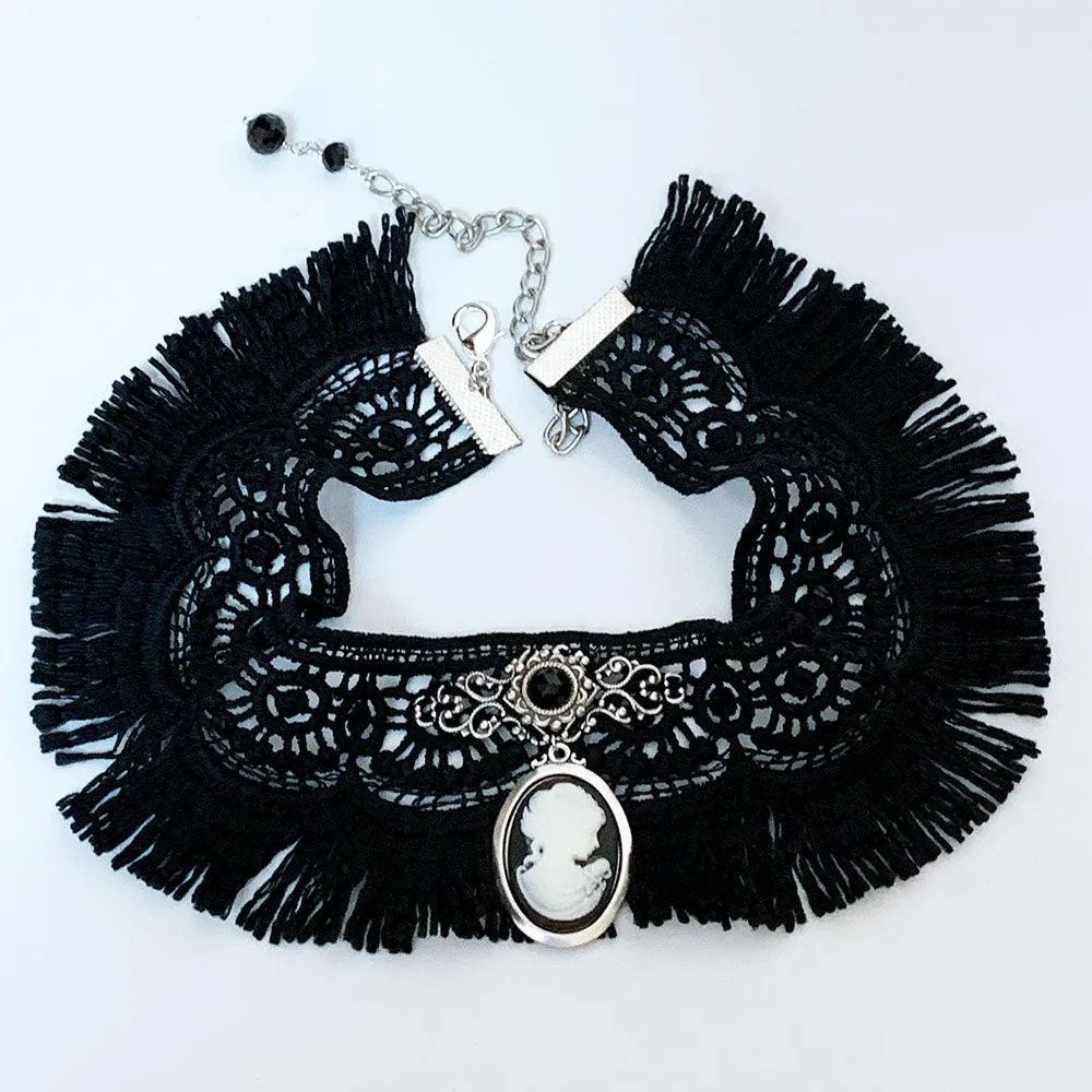 Gothic Victorian Black Fringed Lace Cameo Choker