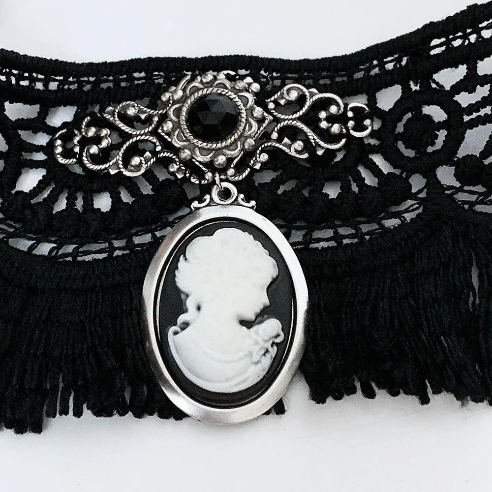 Gothic Victorian Black Fringed Lace Cameo Choker