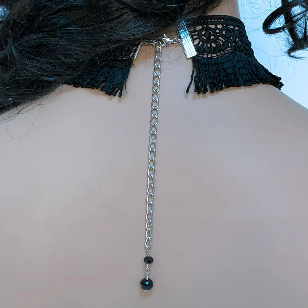 Gothic Victorian Black Fringed Lace Cameo Choker