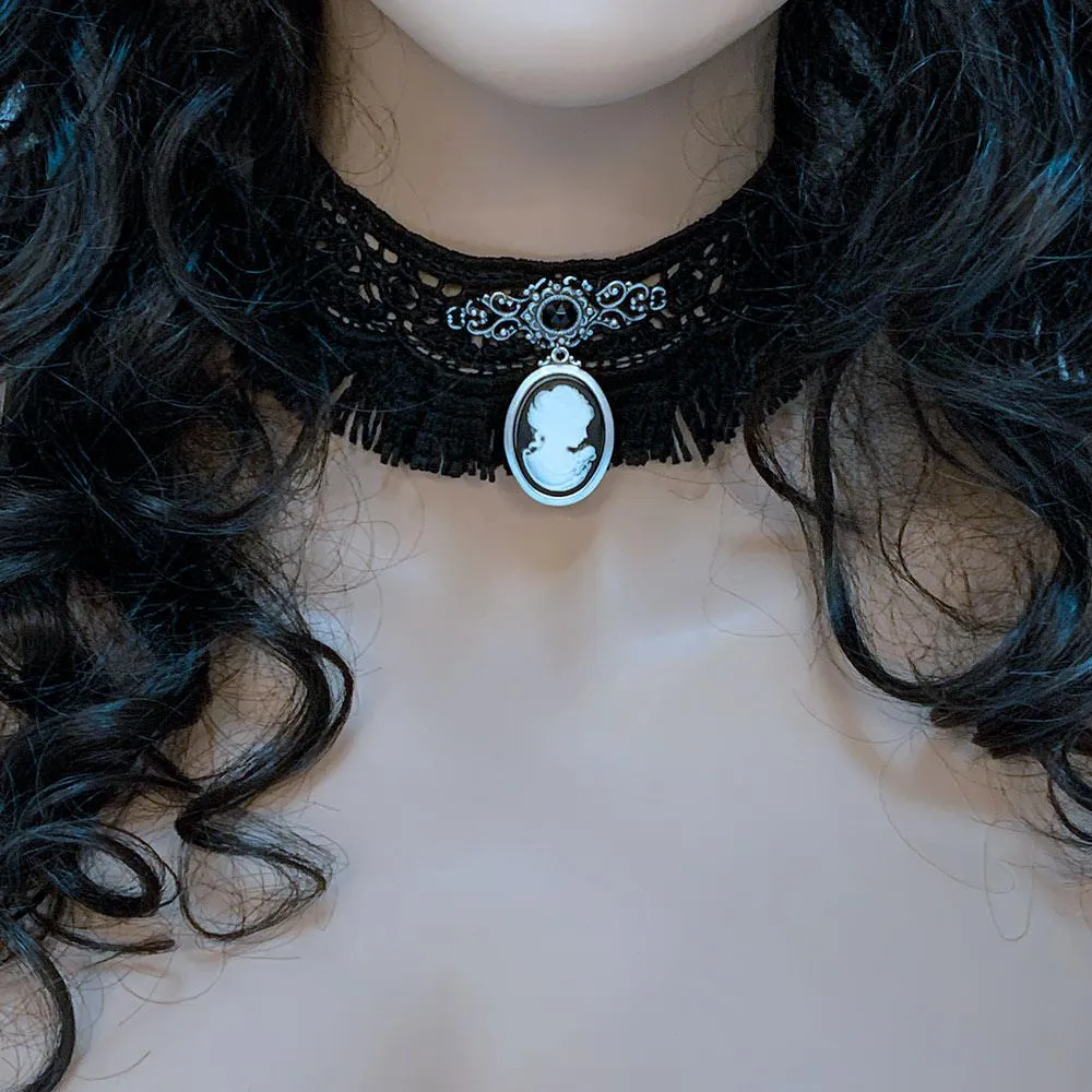 Gothic Victorian Black Fringed Lace Cameo Choker