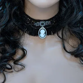 Gothic Victorian Black Fringed Lace Cameo Choker