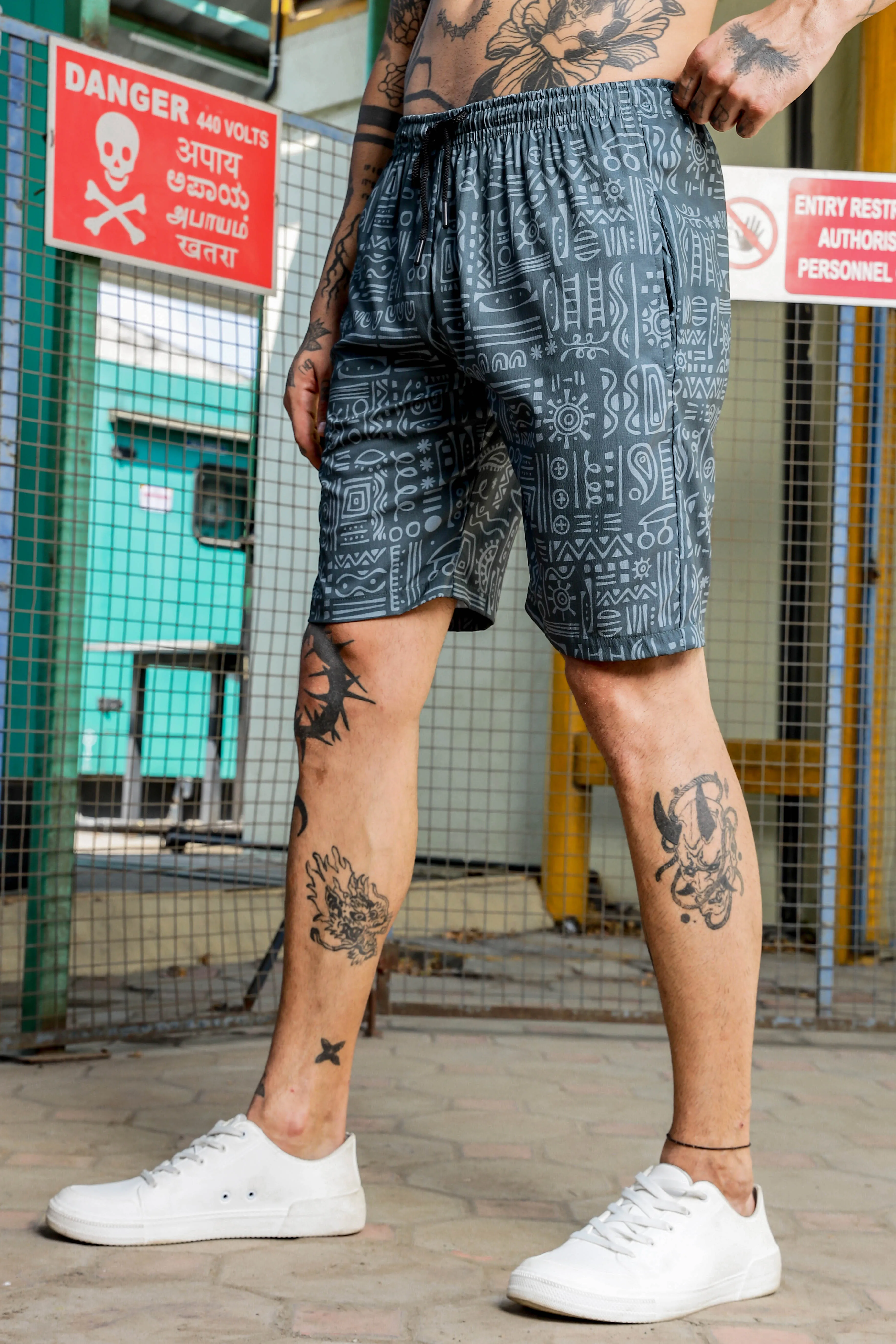 Grey Geometric Printed Cuban Collar  Resort Shirt & Shorts Textured Printed Co-ord Set