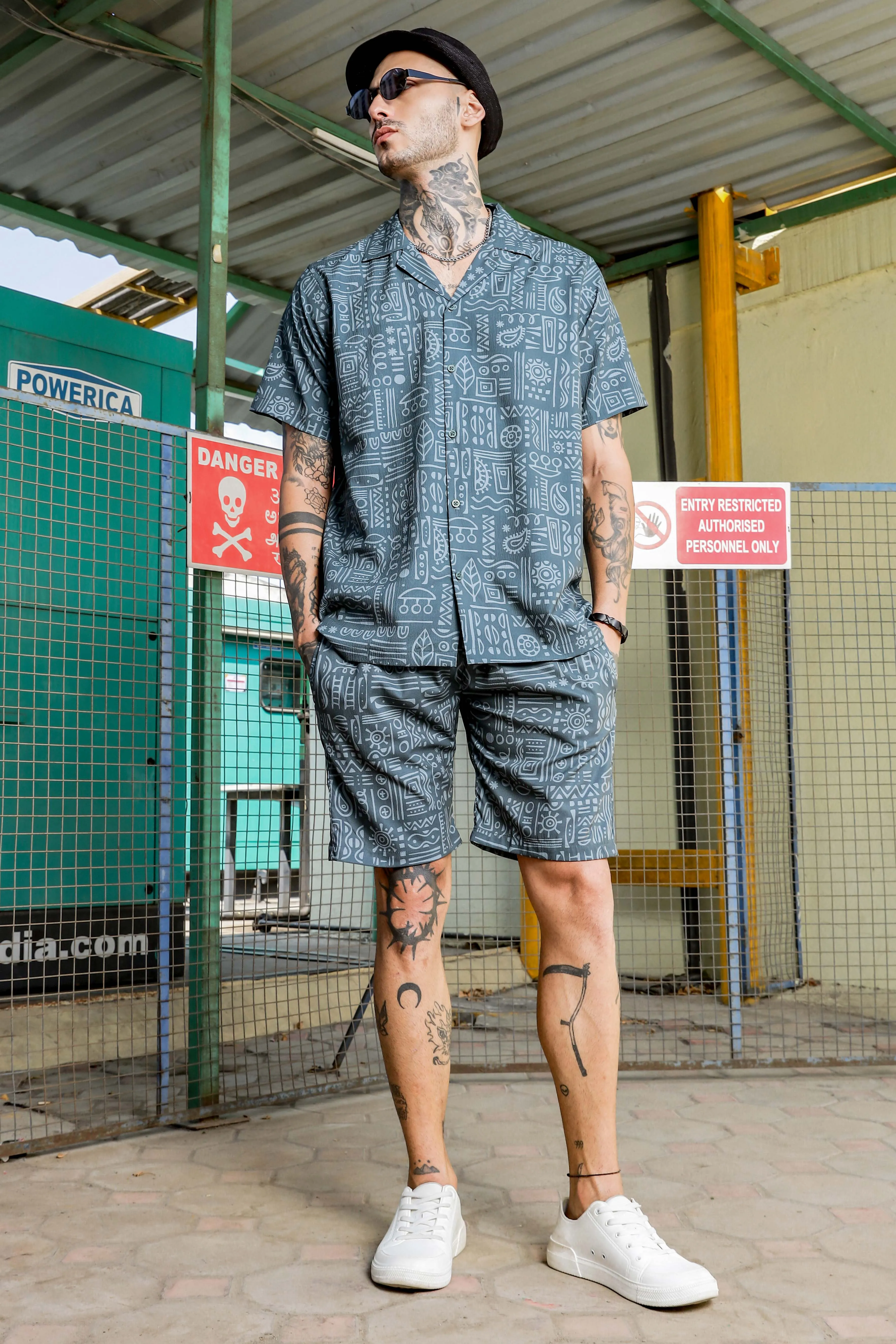 Grey Geometric Printed Cuban Collar  Resort Shirt & Shorts Textured Printed Co-ord Set
