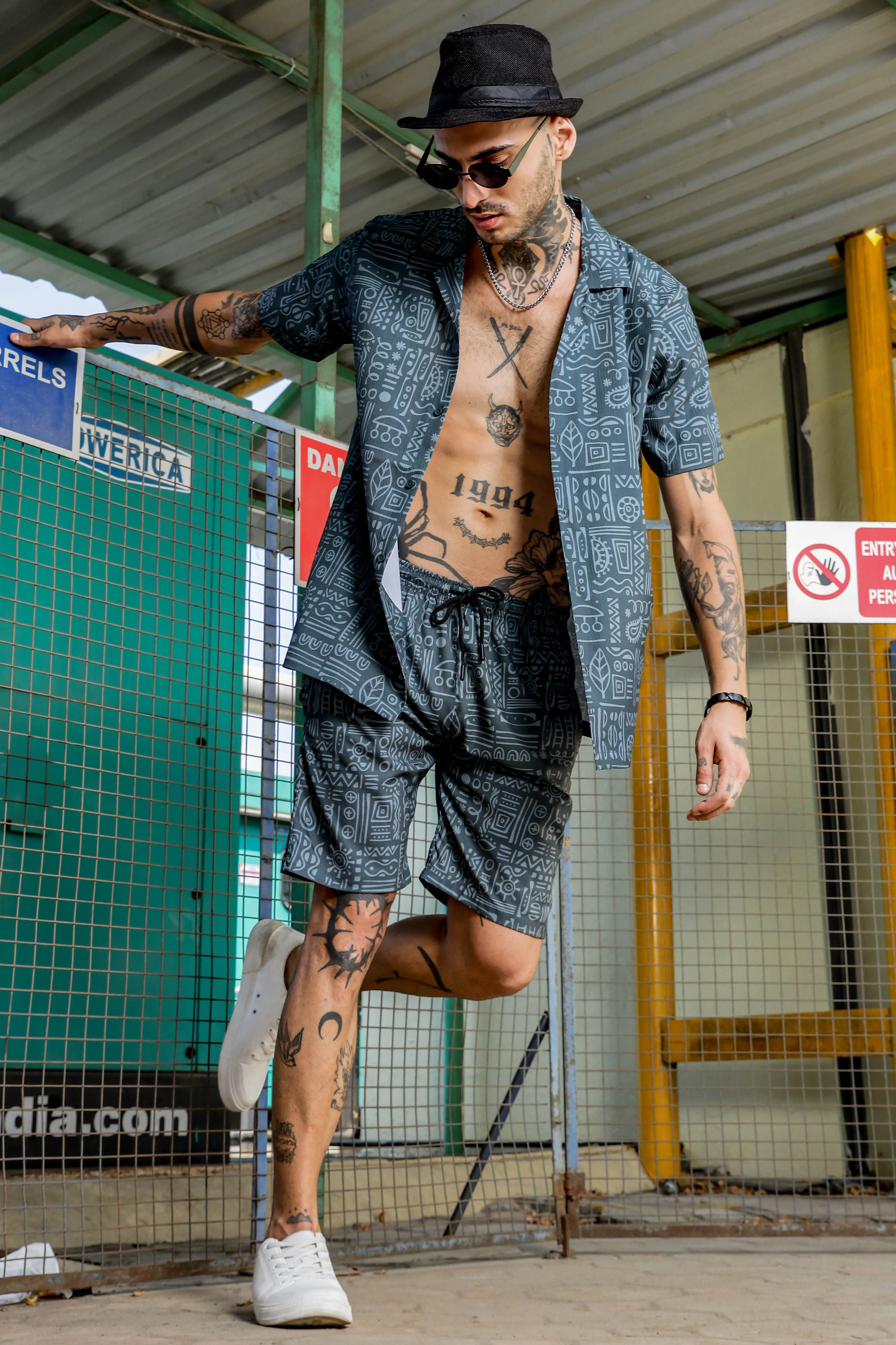 Grey Geometric Printed Cuban Collar  Resort Shirt & Shorts Textured Printed Co-ord Set