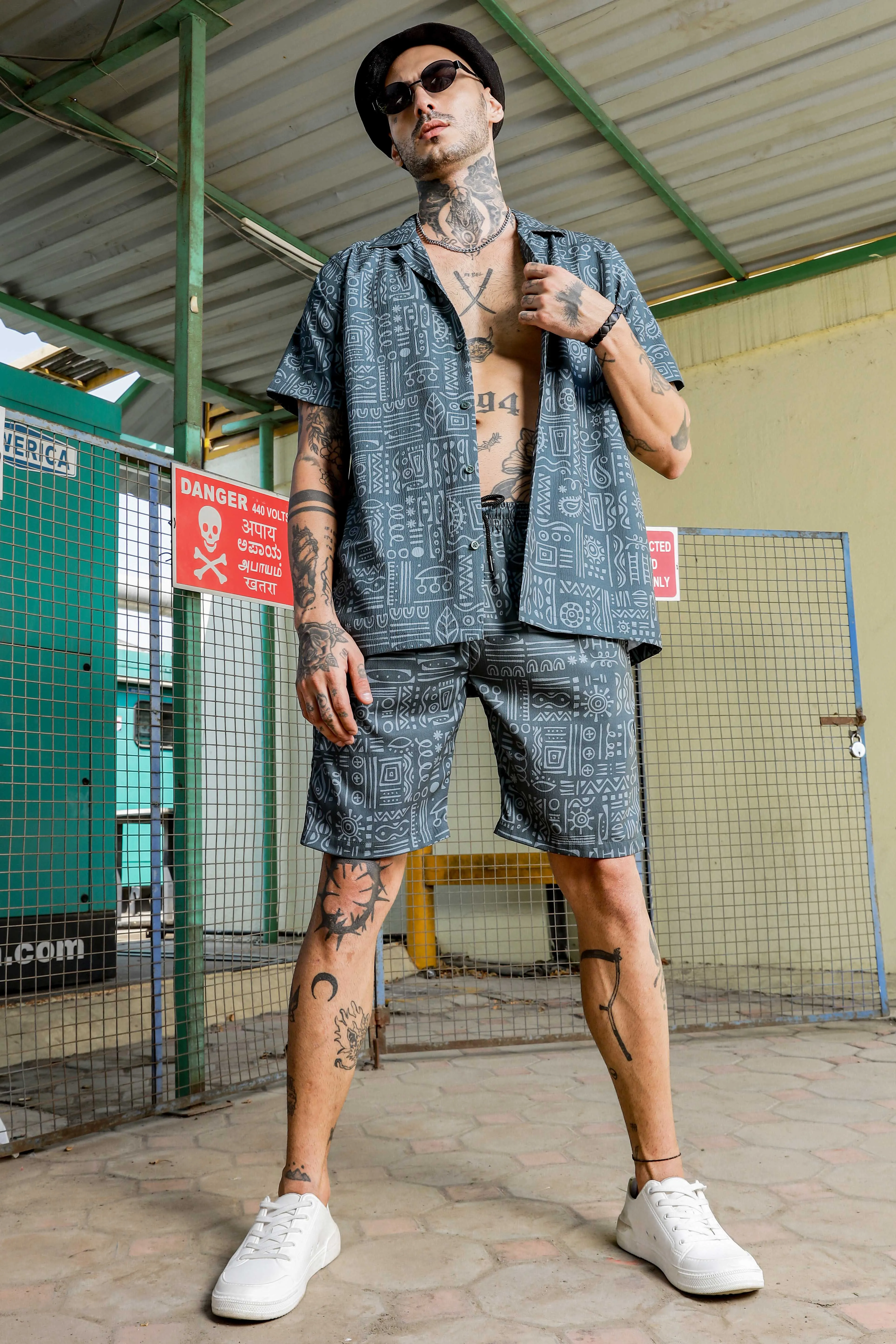 Grey Geometric Printed Cuban Collar  Resort Shirt & Shorts Textured Printed Co-ord Set