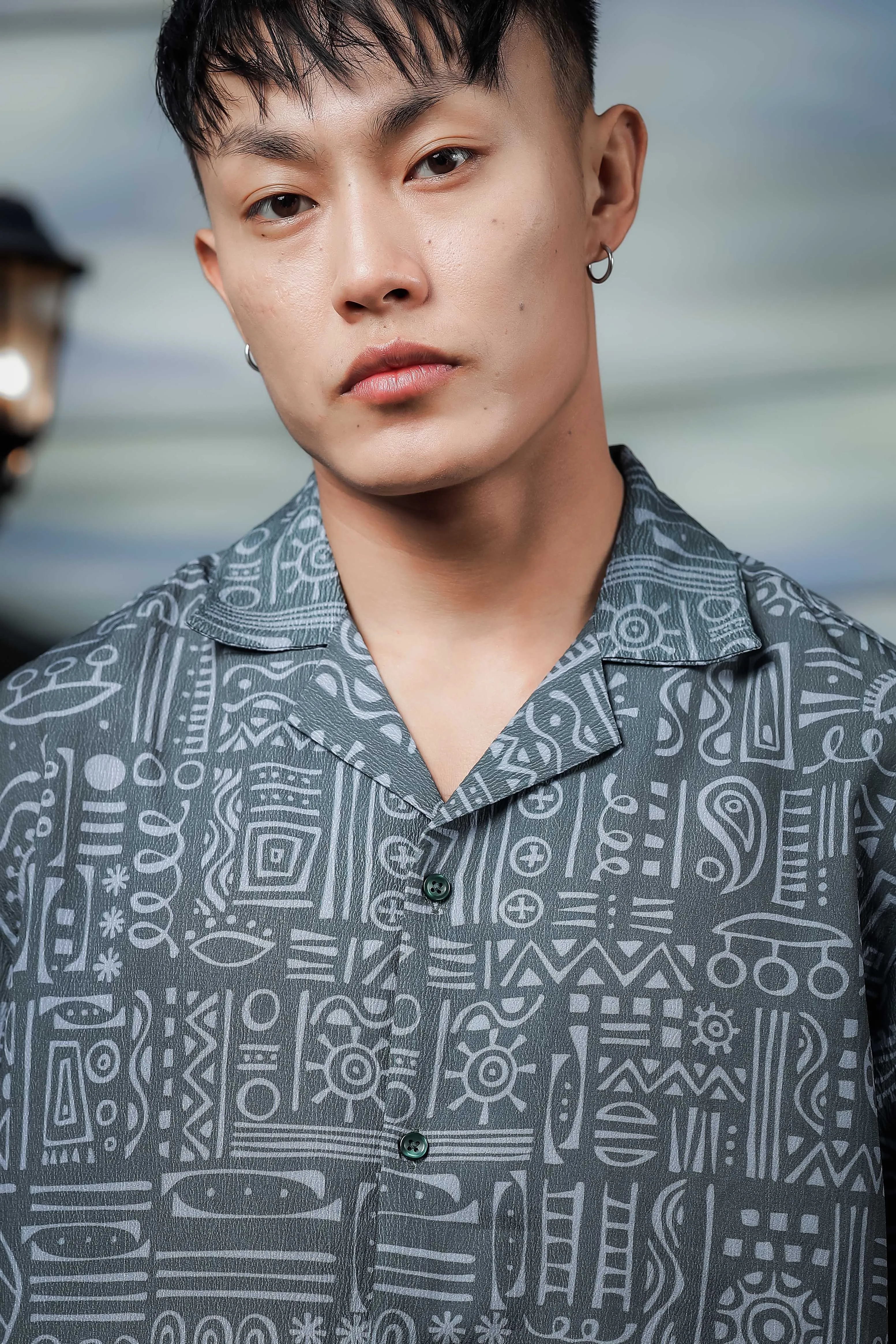 Grey Geometric Printed Cuban Collar  Resort Shirt & Shorts Textured Printed Co-ord Set