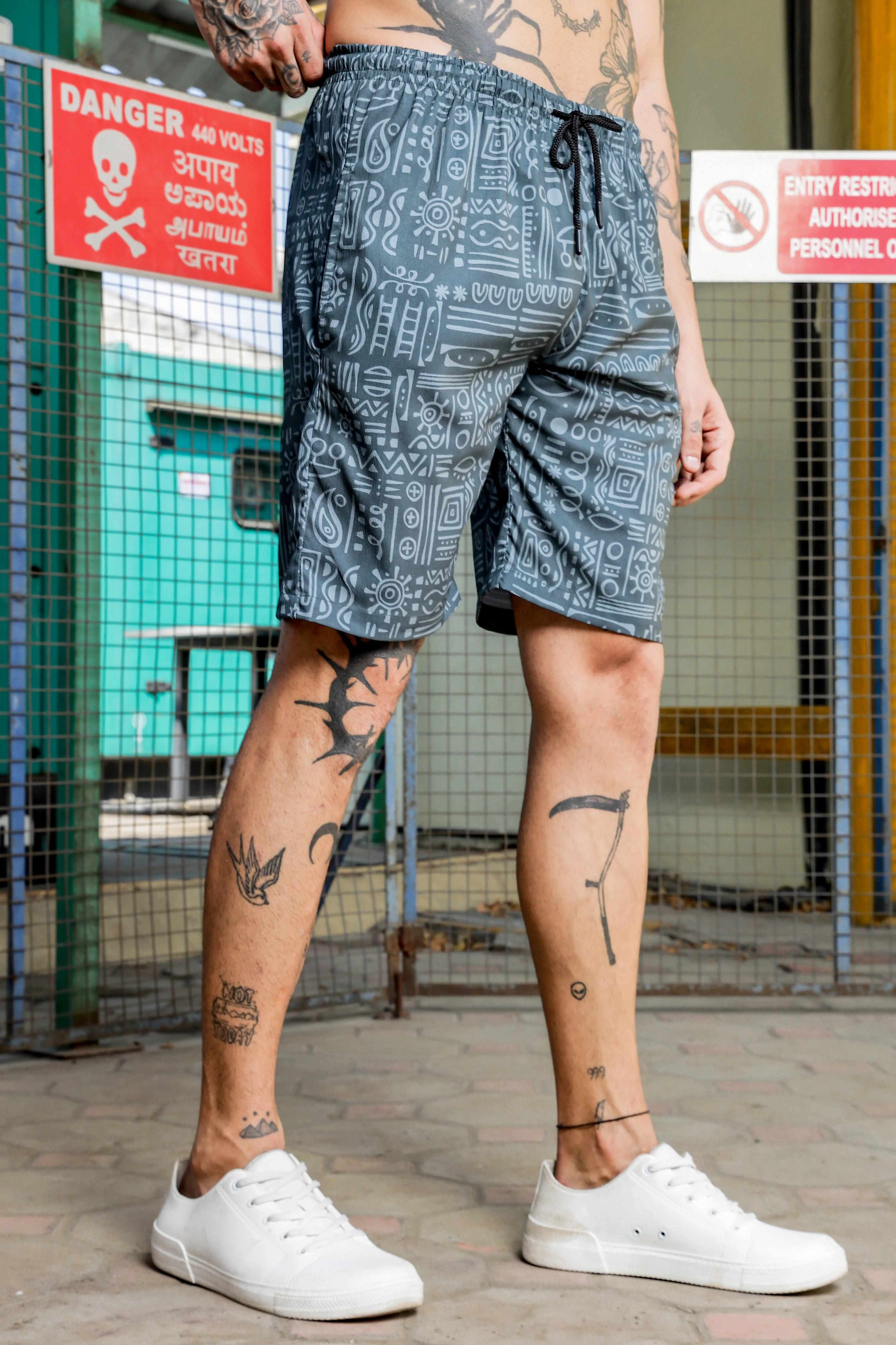 Grey Geometric Printed Cuban Collar  Resort Shirt & Shorts Textured Printed Co-ord Set