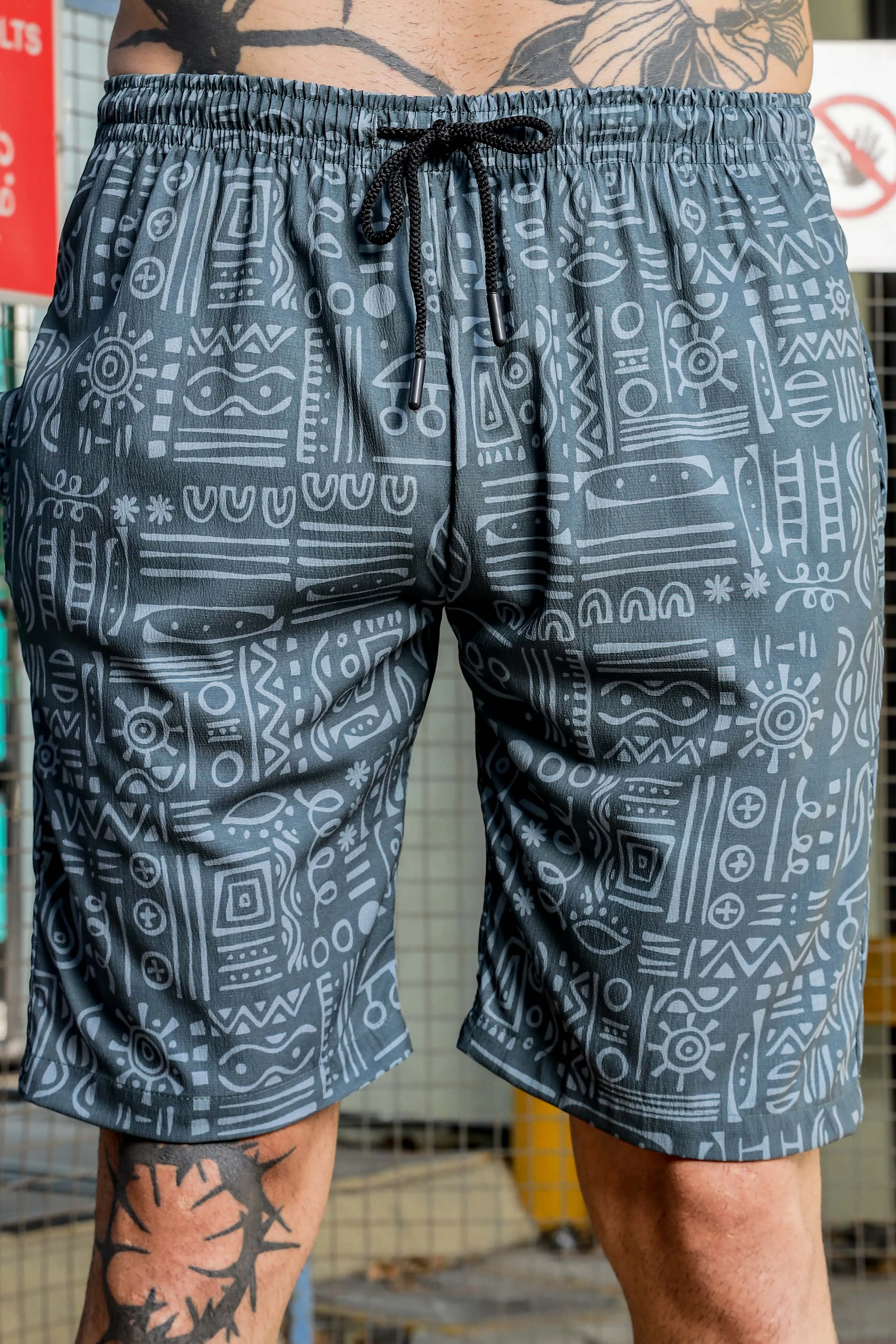 Grey Geometric Printed Cuban Collar  Resort Shirt & Shorts Textured Printed Co-ord Set