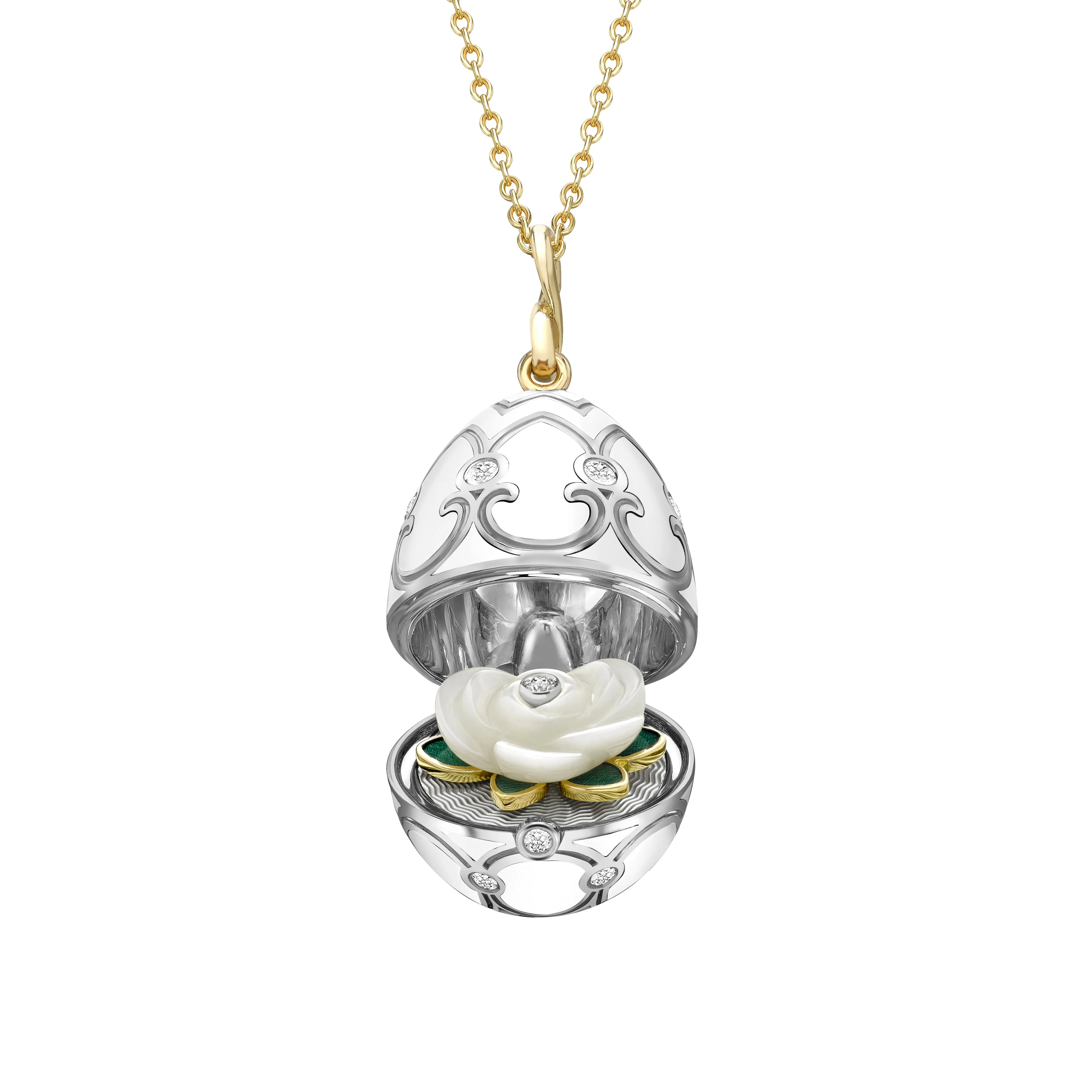 Guilloché Enamel Carved Mother of Pearl Surprise Locket