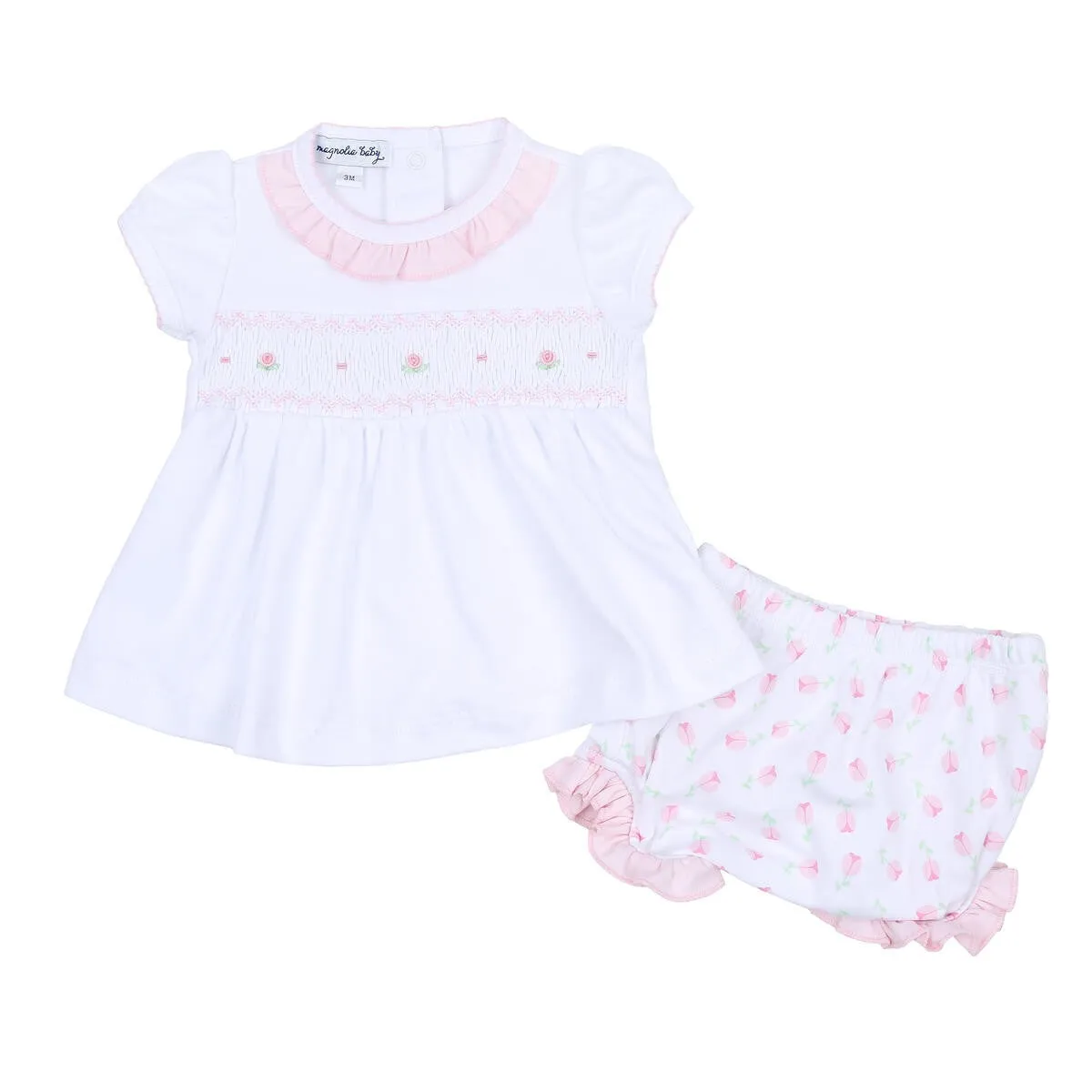Magnolia Baby Girls Pink Tulips Tessa's Classics Smocked Printed Ruffle Bloomers Set