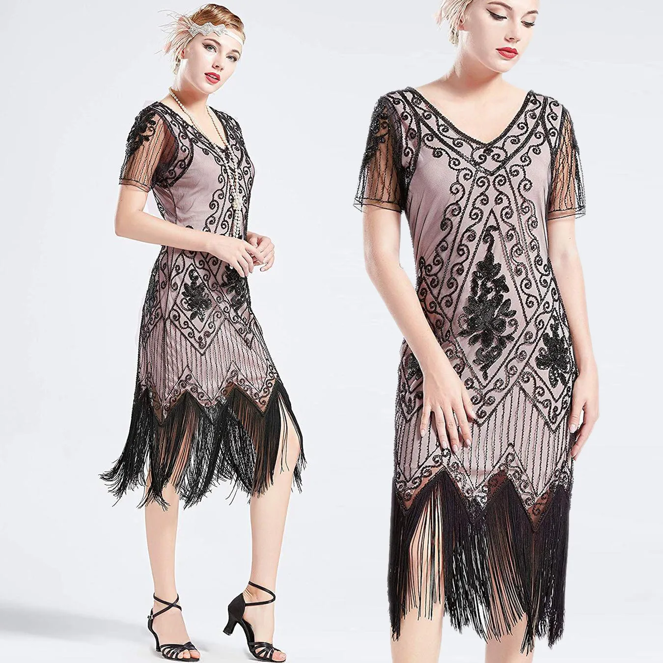 US STOCK Vintage 1920s Unique Black and Beige Unique Art Deco Fringed Sequin Dress 20s Flapper Gatsby Dress