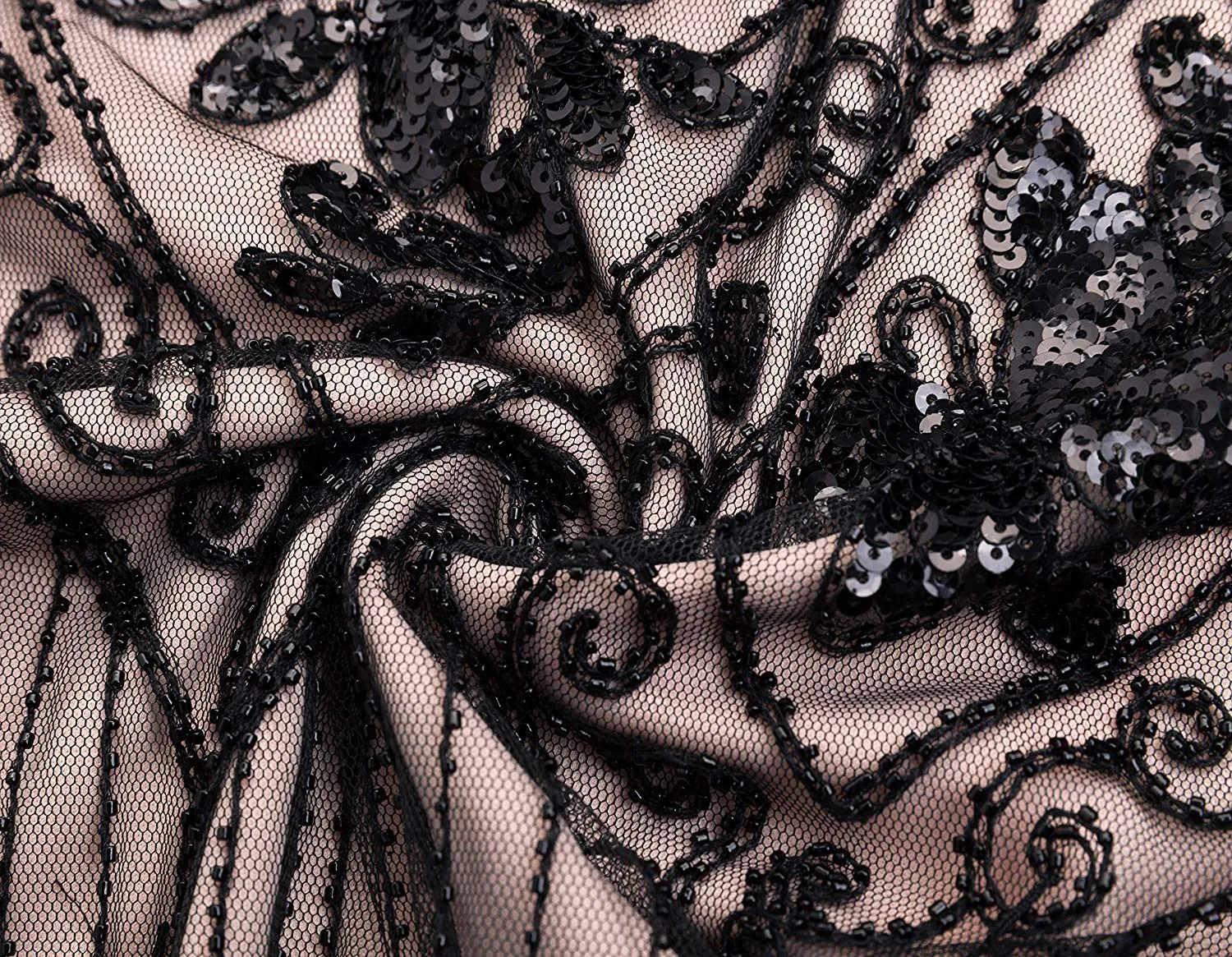 US STOCK Vintage 1920s Unique Black and Beige Unique Art Deco Fringed Sequin Dress 20s Flapper Gatsby Dress