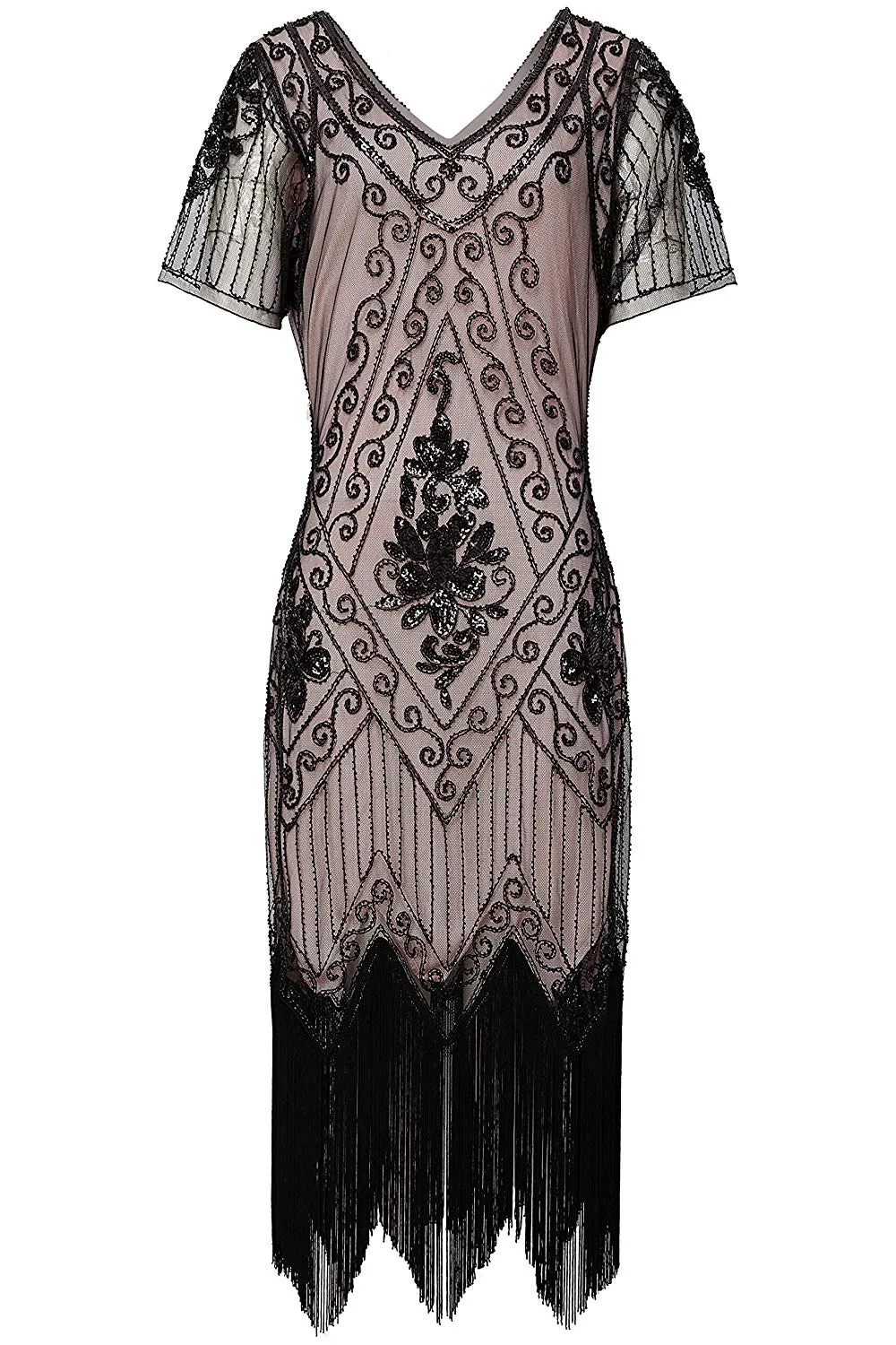 US STOCK Vintage 1920s Unique Black and Beige Unique Art Deco Fringed Sequin Dress 20s Flapper Gatsby Dress