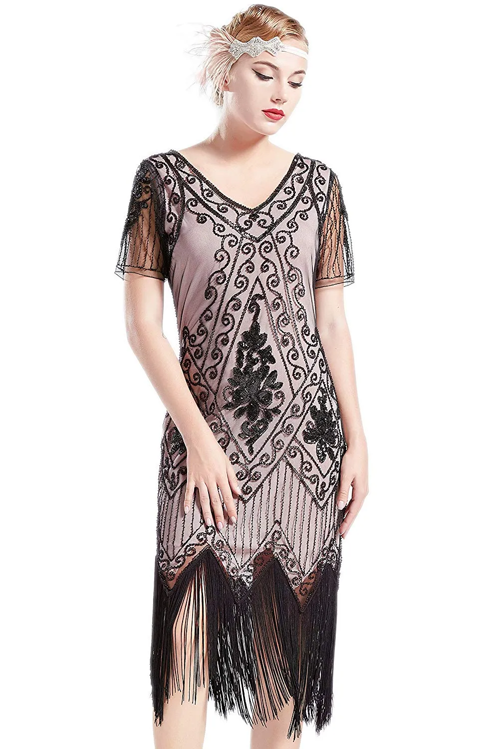 US STOCK Vintage 1920s Unique Black and Beige Unique Art Deco Fringed Sequin Dress 20s Flapper Gatsby Dress
