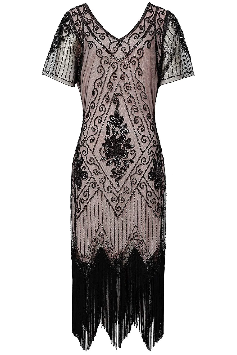 US STOCK Vintage 1920s Unique Black and Beige Unique Art Deco Fringed Sequin Dress 20s Flapper Gatsby Dress