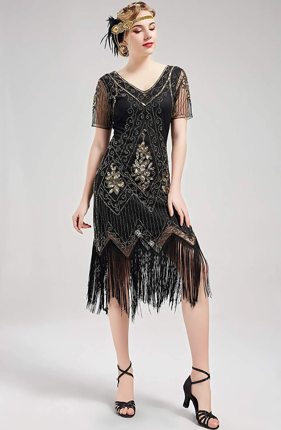US STOCK Vintage 1920s Unique Black and Gold Art Deco Fringed Sequin Dress 20s Flapper Gatsby Dress