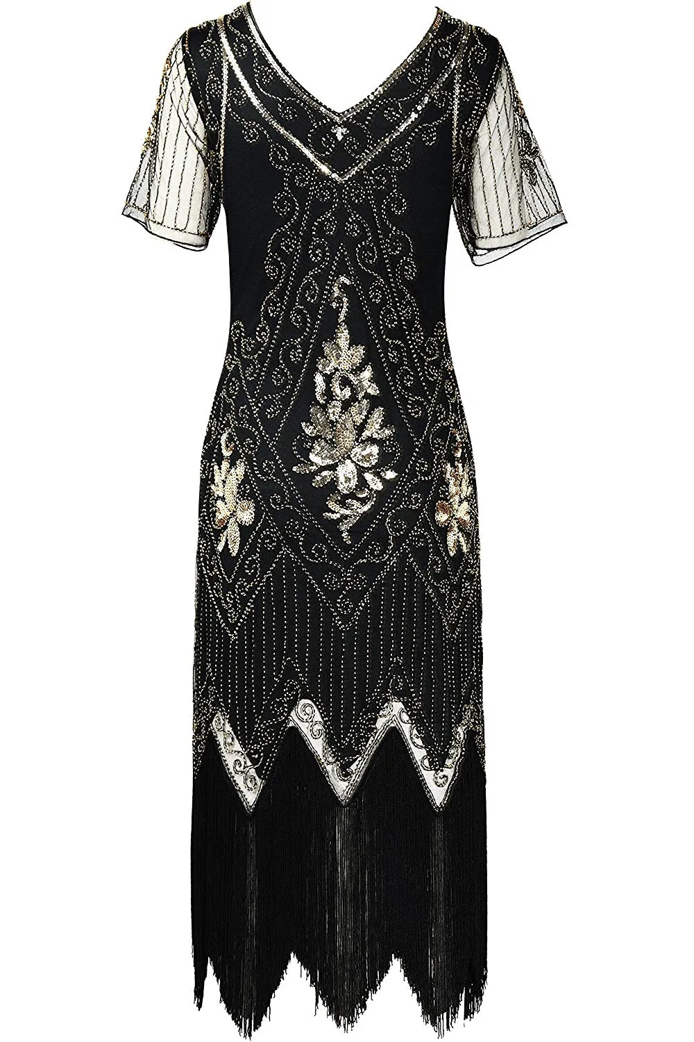 US STOCK Vintage 1920s Unique Black and Gold Art Deco Fringed Sequin Dress 20s Flapper Gatsby Dress