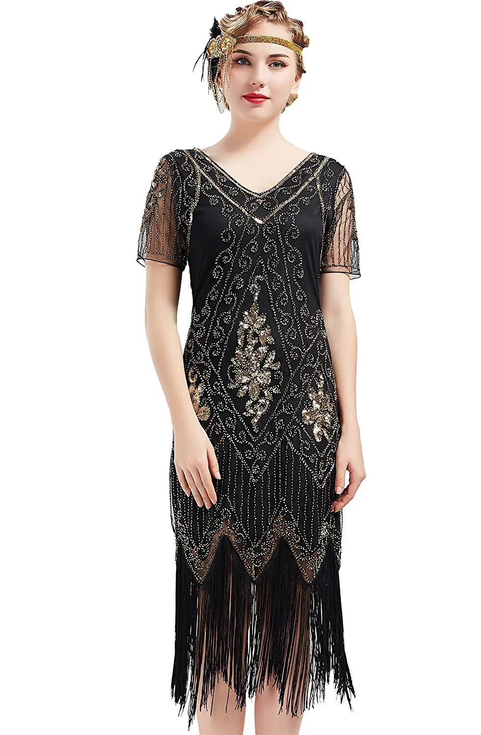US STOCK Vintage 1920s Unique Black and Gold Art Deco Fringed Sequin Dress 20s Flapper Gatsby Dress