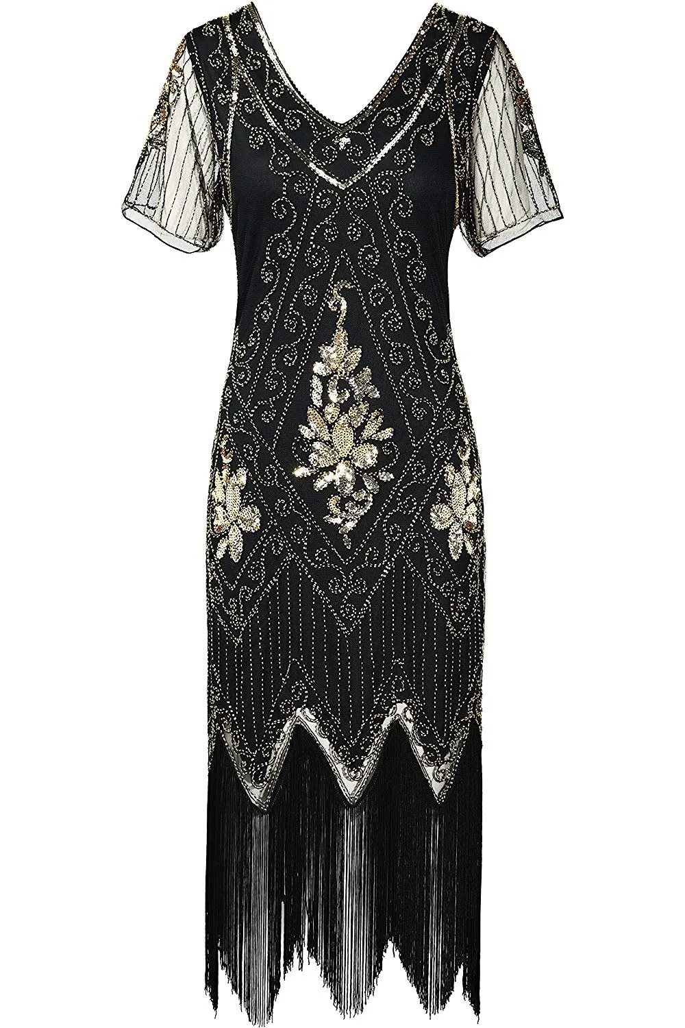 US STOCK Vintage 1920s Unique Black and Gold Art Deco Fringed Sequin Dress 20s Flapper Gatsby Dress