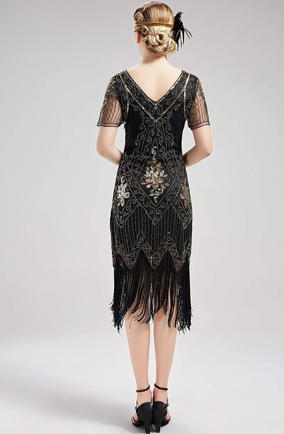 US STOCK Vintage 1920s Unique Black and Gold Art Deco Fringed Sequin Dress 20s Flapper Gatsby Dress