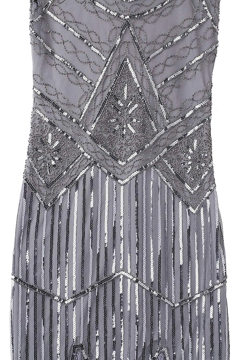 Vintage Silver Unique 1920s Flapper 20s Great Gatsby Dress Fringed Sequin Art Deco