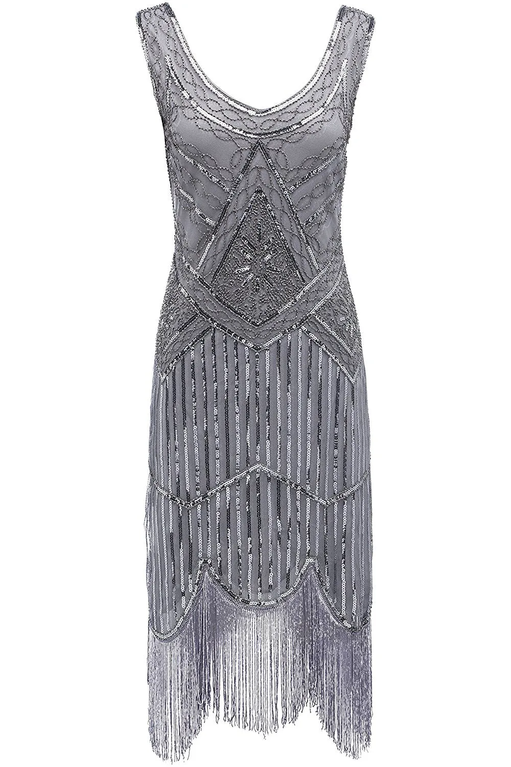 Vintage Silver Unique 1920s Flapper 20s Great Gatsby Dress Fringed Sequin Art Deco