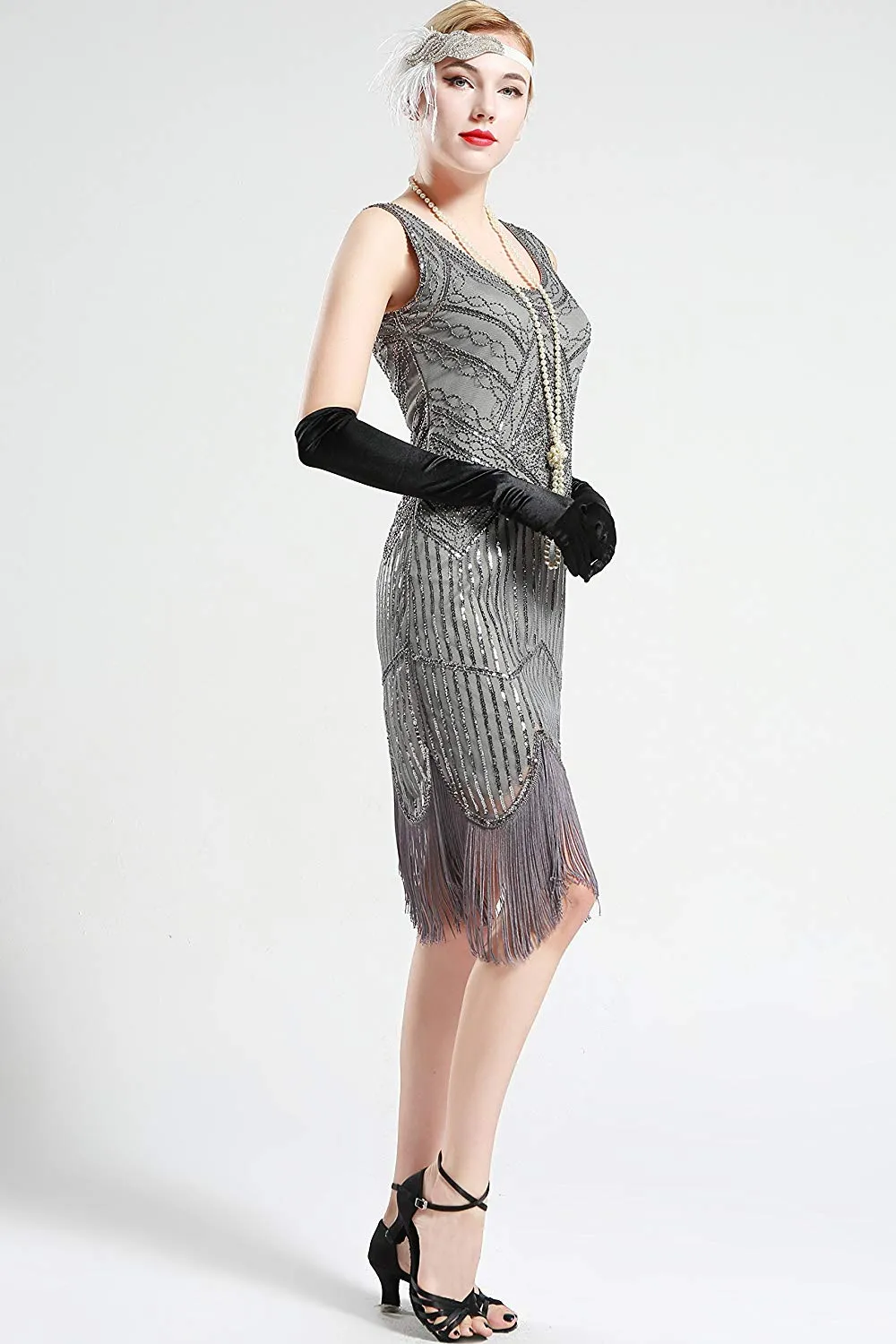 Vintage Silver Unique 1920s Flapper 20s Great Gatsby Dress Fringed Sequin Art Deco