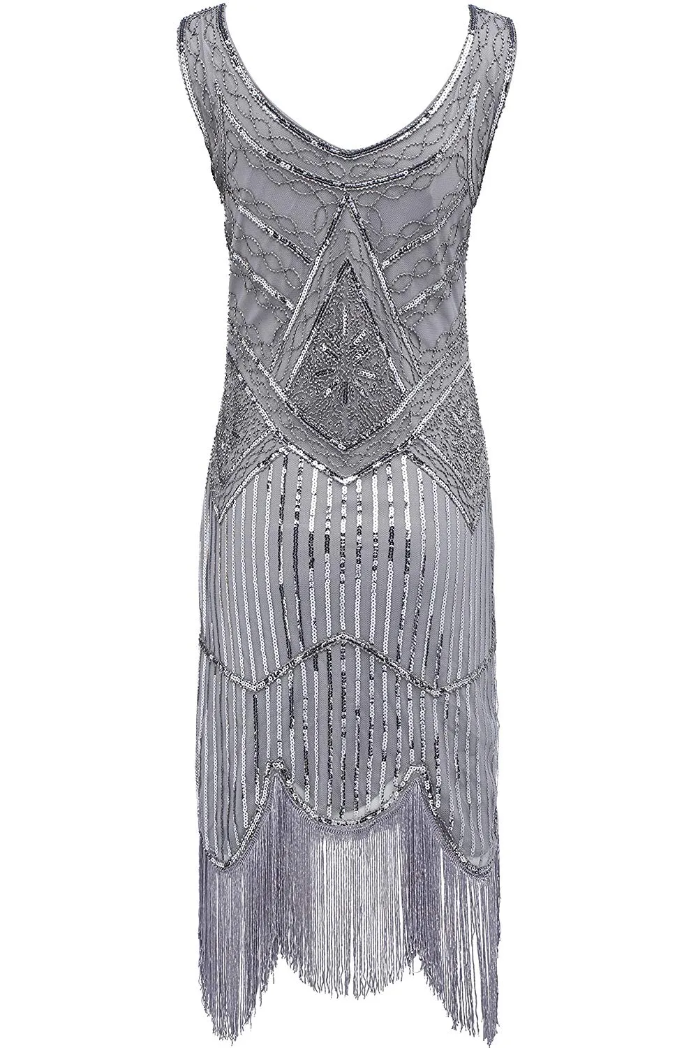 Vintage Silver Unique 1920s Flapper 20s Great Gatsby Dress Fringed Sequin Art Deco