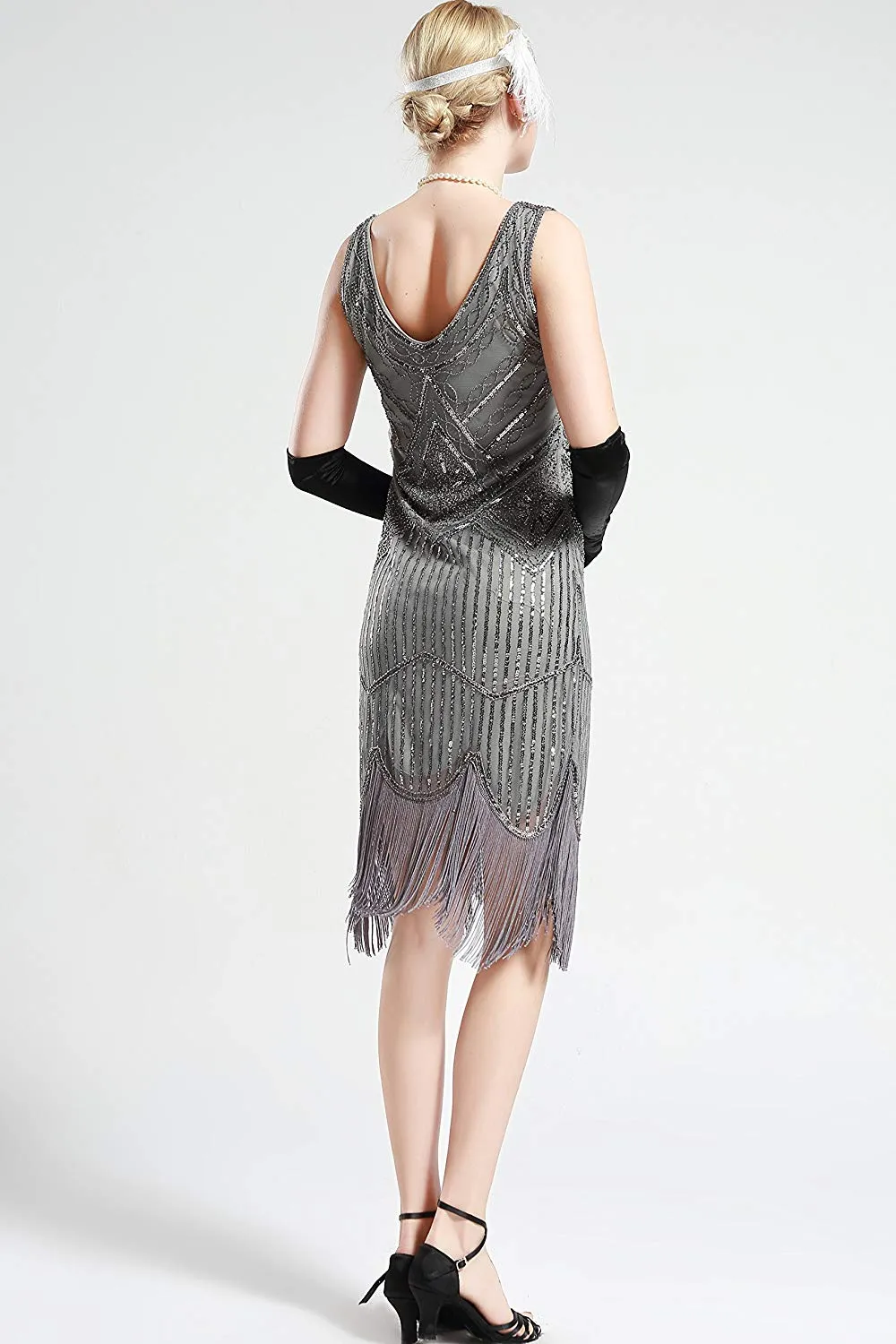 Vintage Silver Unique 1920s Flapper 20s Great Gatsby Dress Fringed Sequin Art Deco