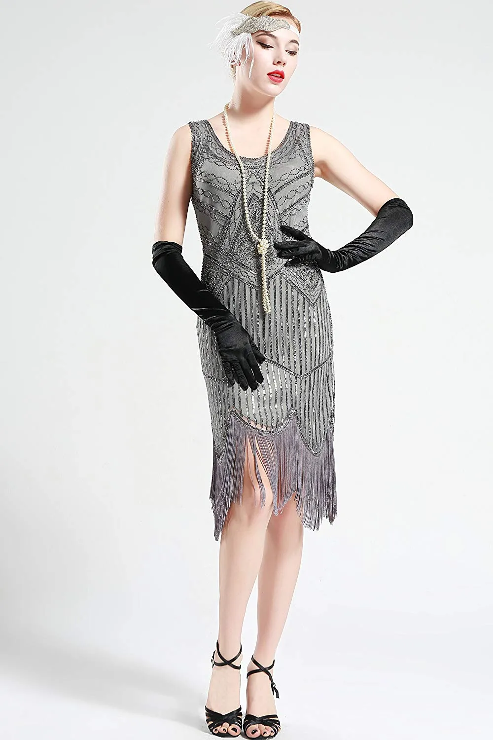 Vintage Silver Unique 1920s Flapper 20s Great Gatsby Dress Fringed Sequin Art Deco