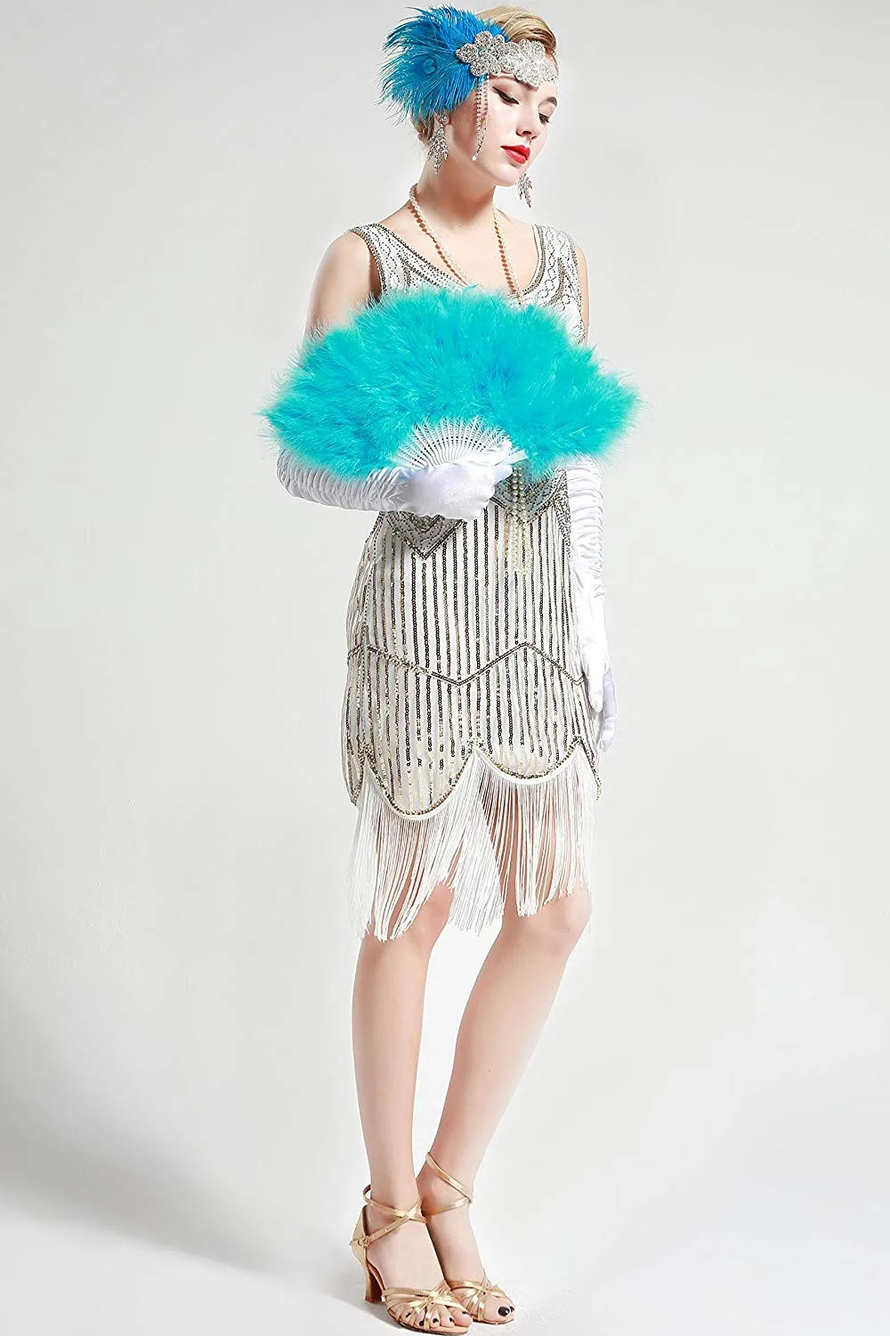 Vintage White Unique 1920s Flapper Dress Roaring 20s Great Gatsby Dress Fringed Sequin Art Deco Dress