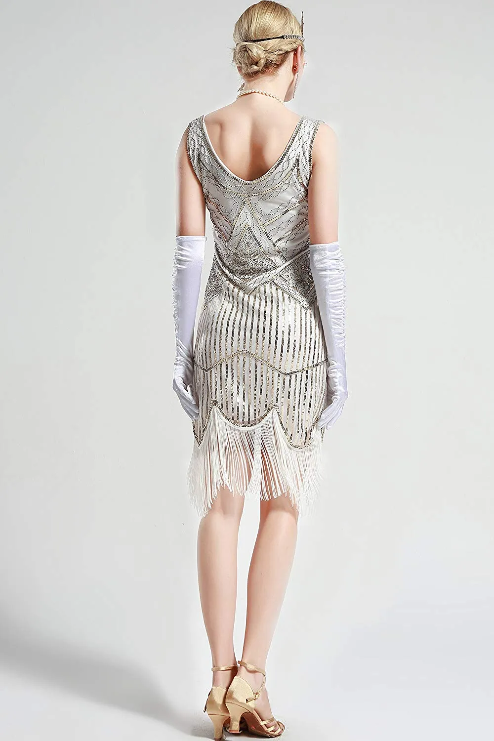 Vintage White Unique 1920s Flapper Dress Roaring 20s Great Gatsby Dress Fringed Sequin Art Deco Dress