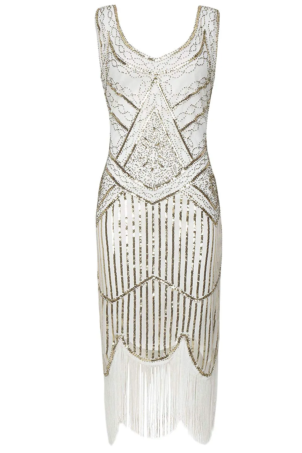 Vintage White Unique 1920s Flapper Dress Roaring 20s Great Gatsby Dress Fringed Sequin Art Deco Dress