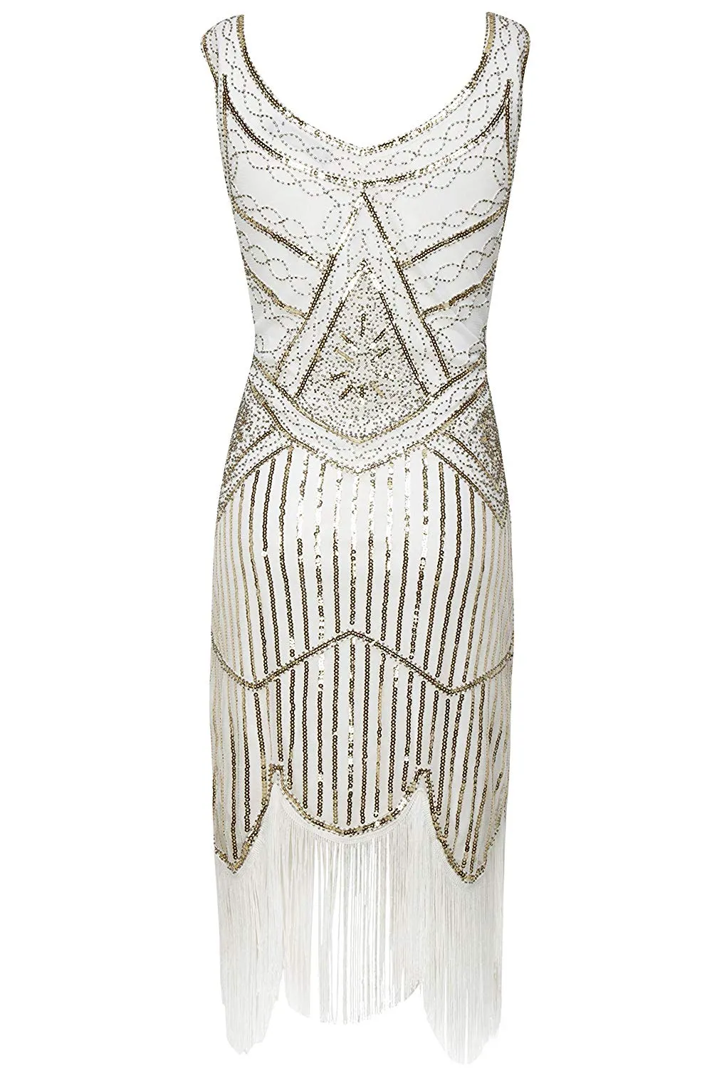Vintage White Unique 1920s Flapper Dress Roaring 20s Great Gatsby Dress Fringed Sequin Art Deco Dress